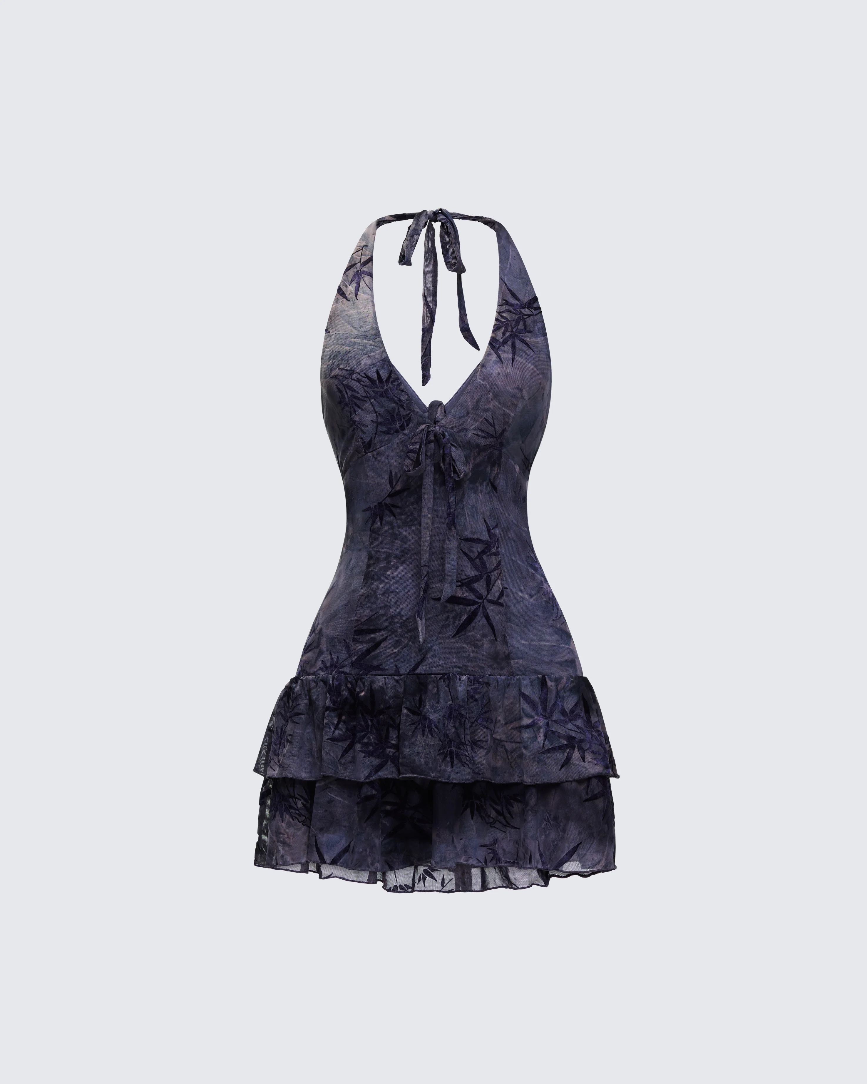 Amaline Grey Halter Tiered Mini Dress