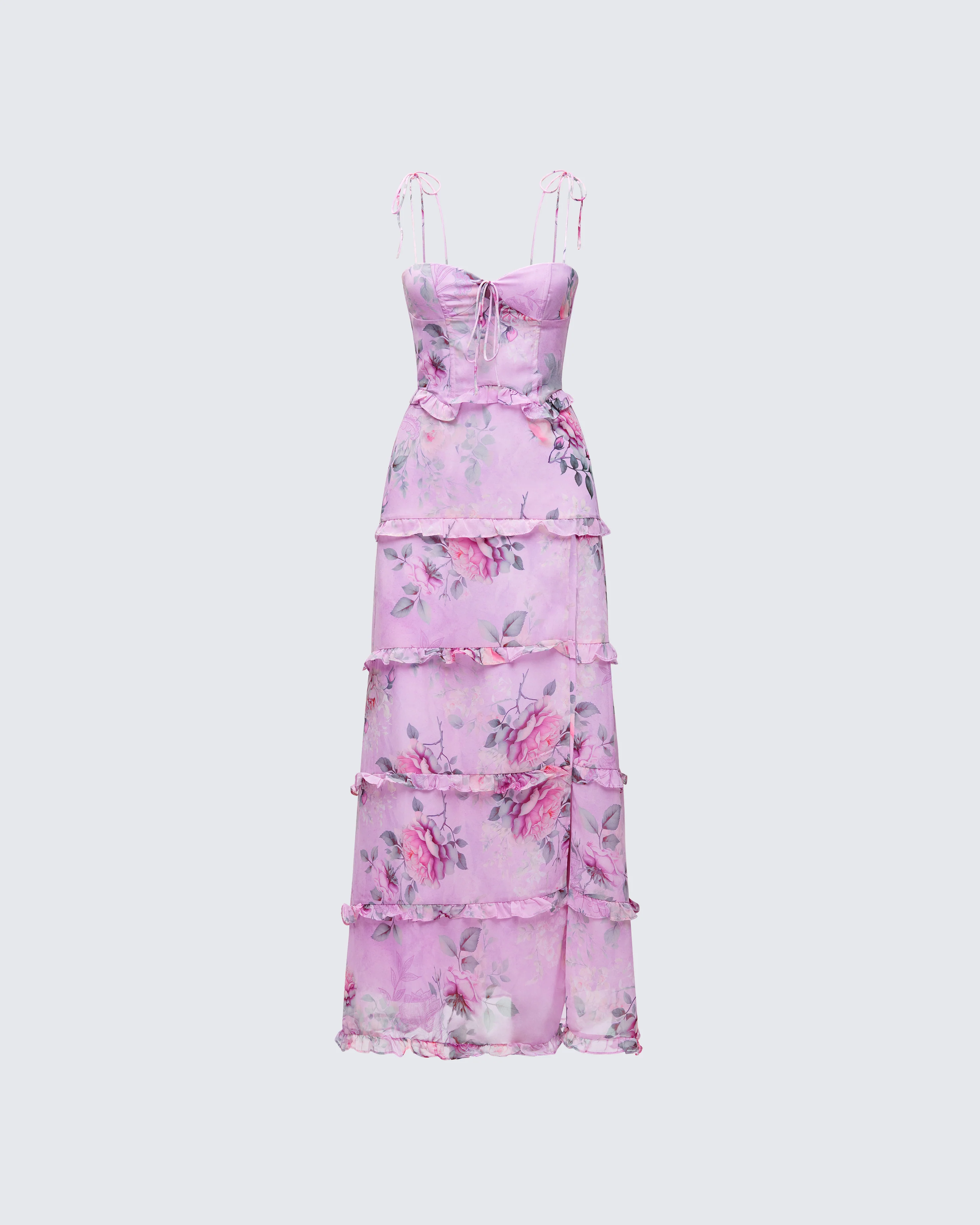 Aven Multi Printed Satin Ruffle Maxi Dress