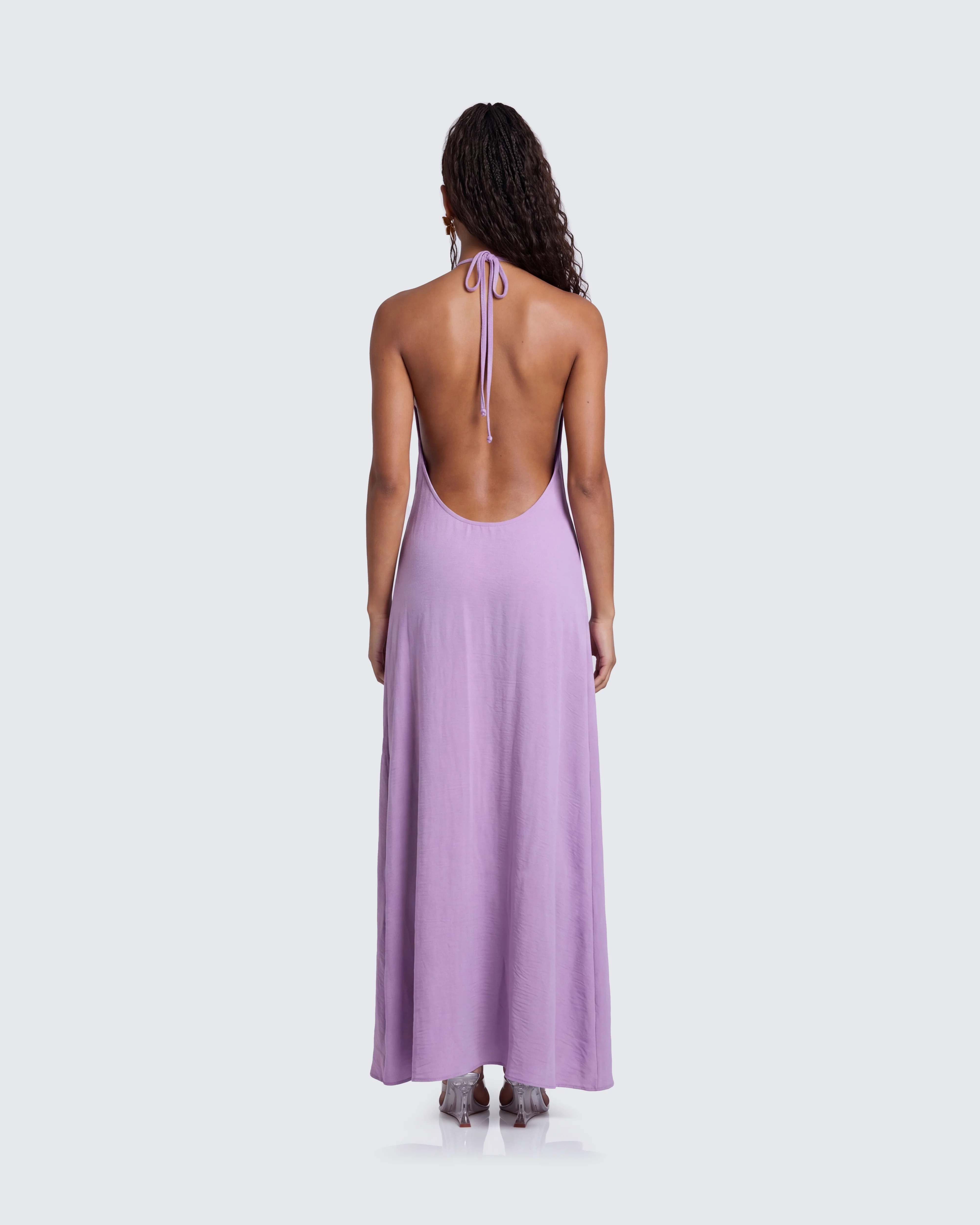 Debri Purple Open Back Halterneck Matt Satin Maxi Dress - Image 6
