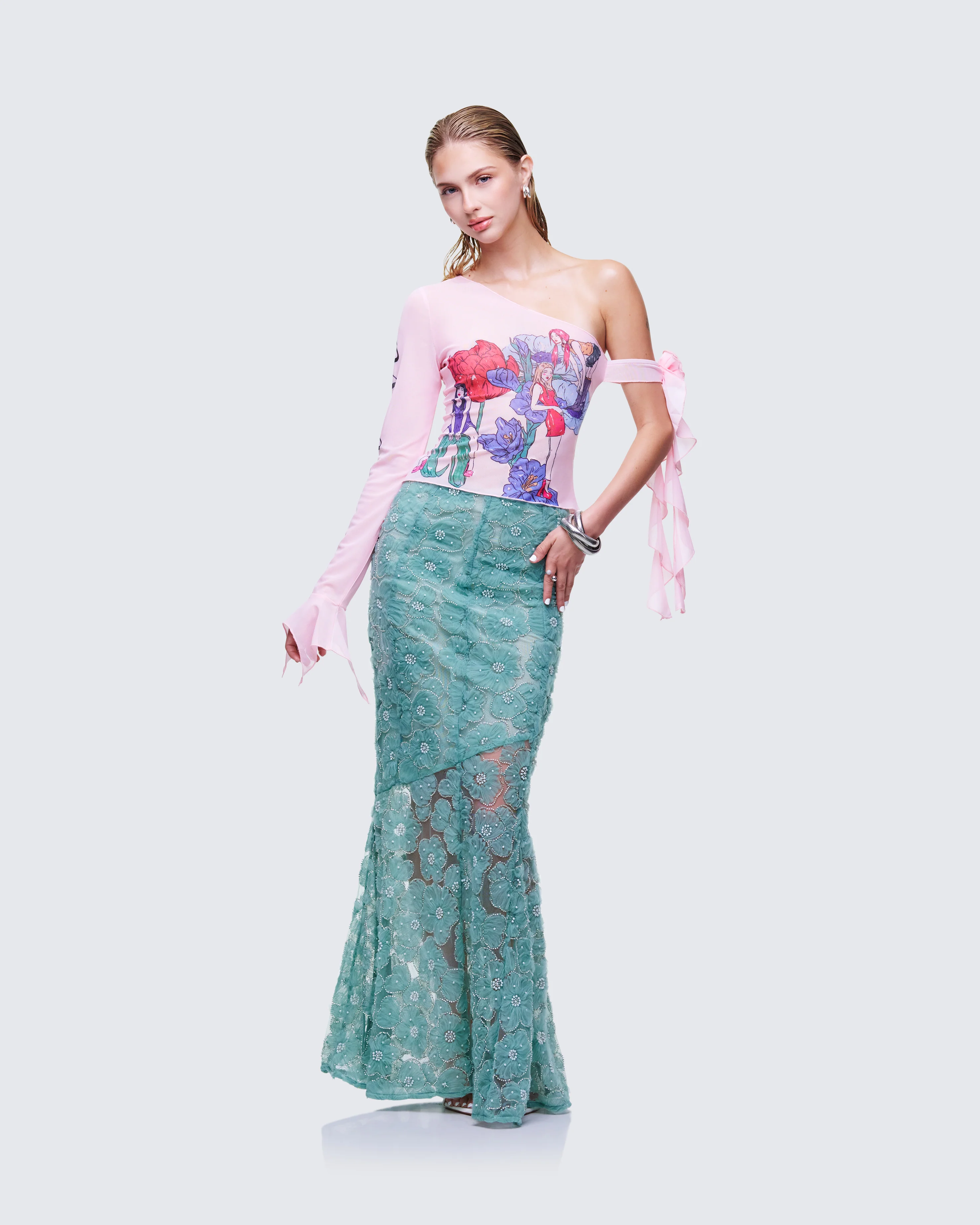 Delancy Green Embroidered Maxi Skirt - Image 5