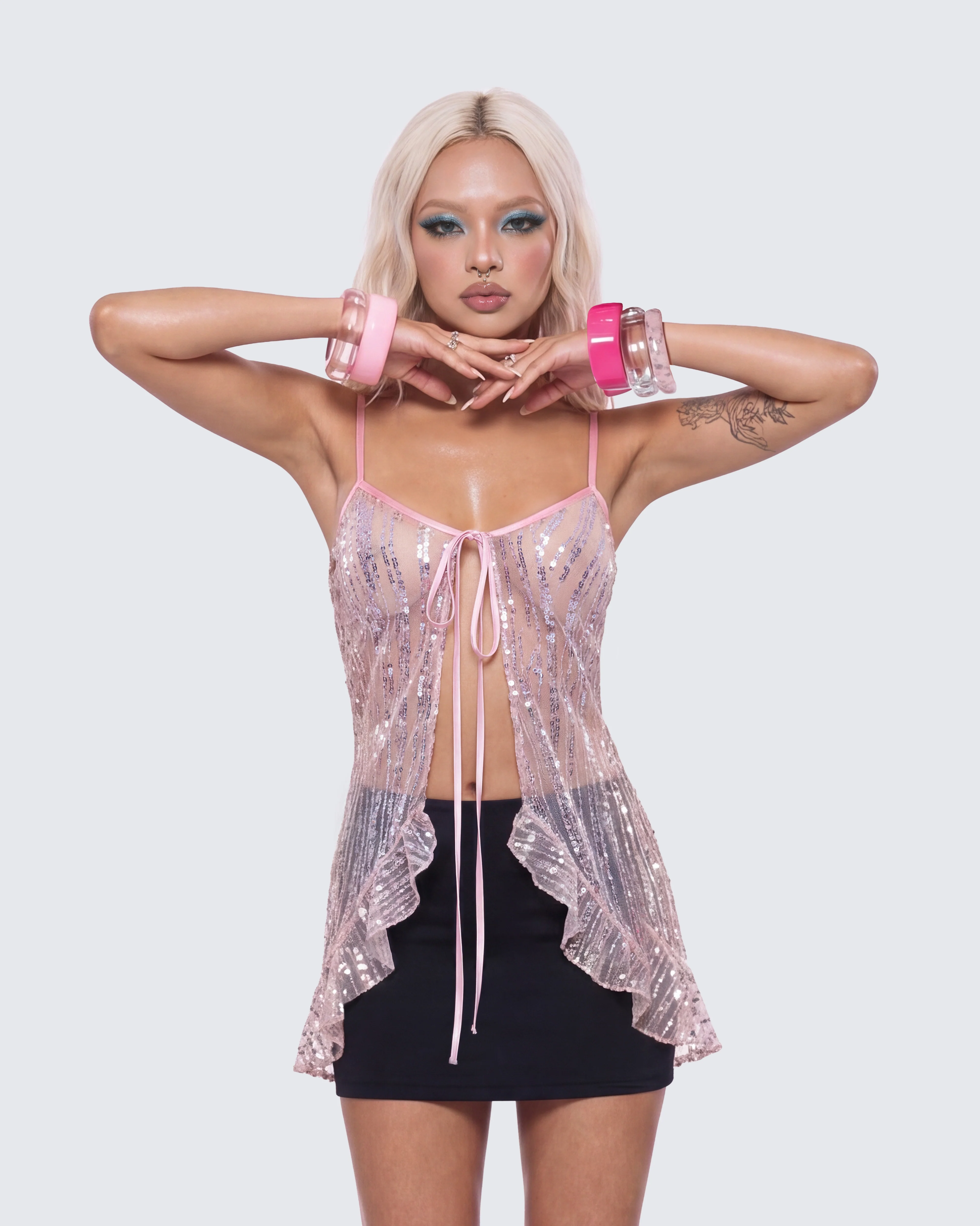 Ebba Pink Sequin Sheer Cami Top - Image 3