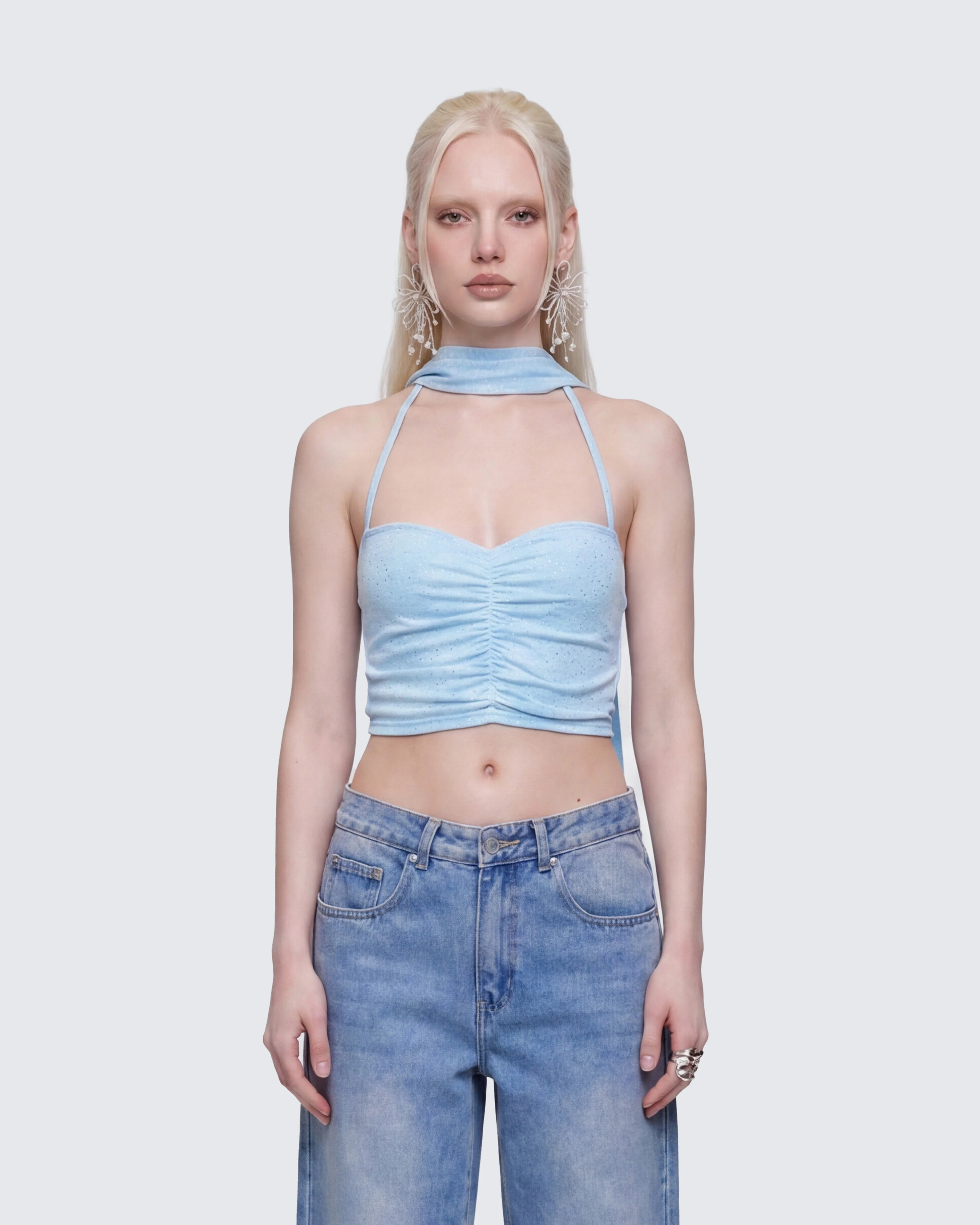 Gal Blue Sparkle Jersey Ruched Front Top - Image 2