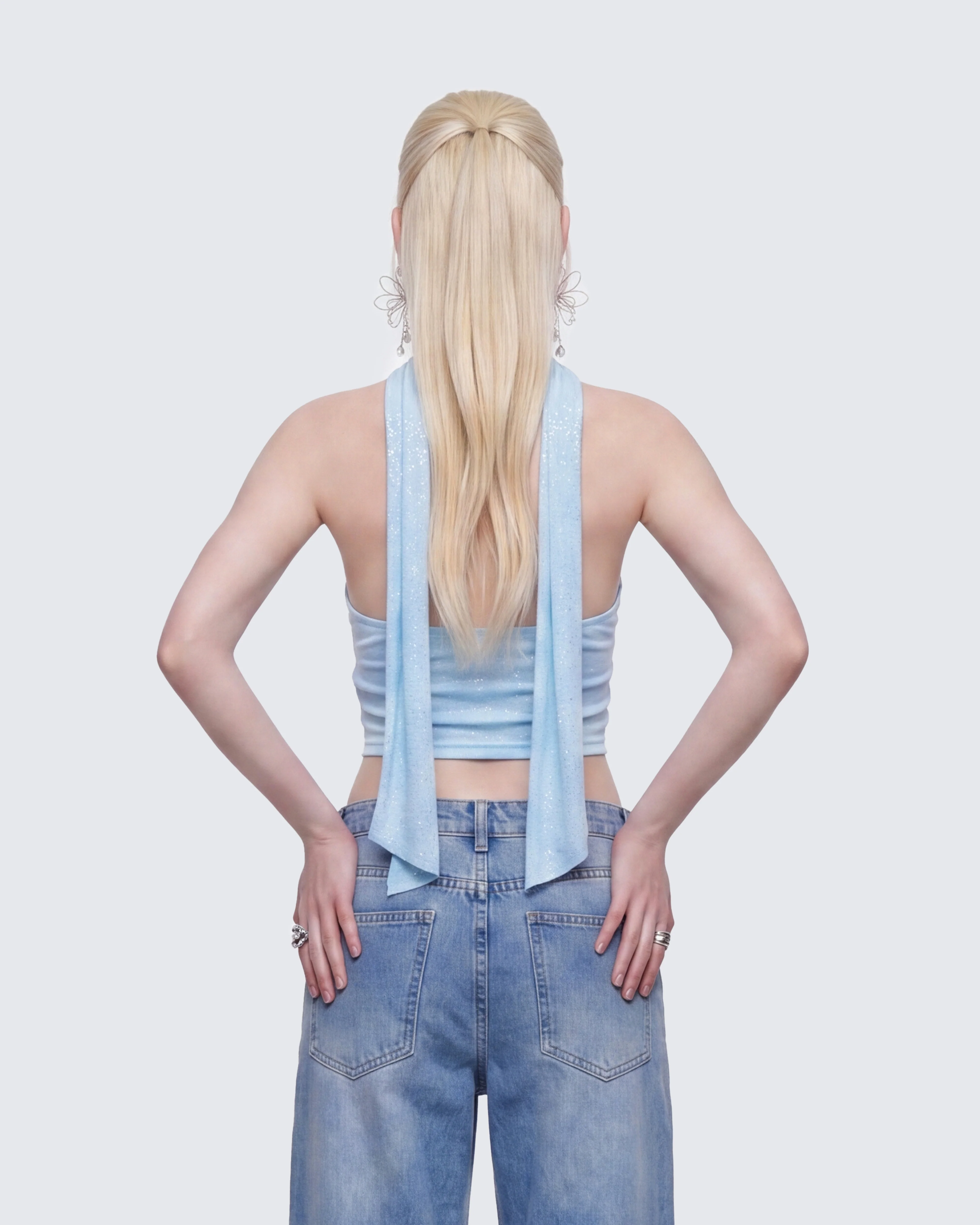 Gal Blue Sparkle Jersey Ruched Front Top - Image 4