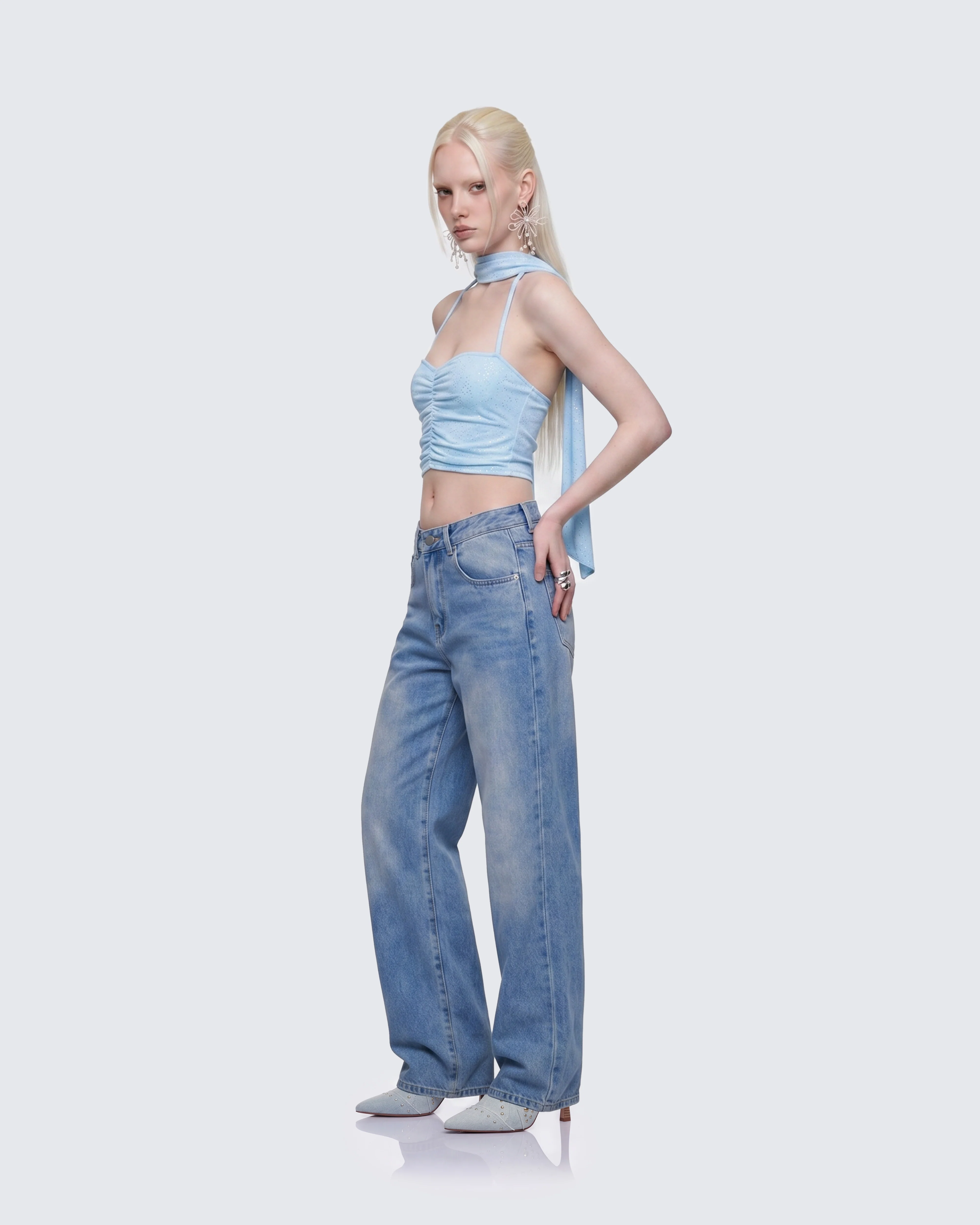 Gal Blue Sparkle Jersey Ruched Front Top - Image 5