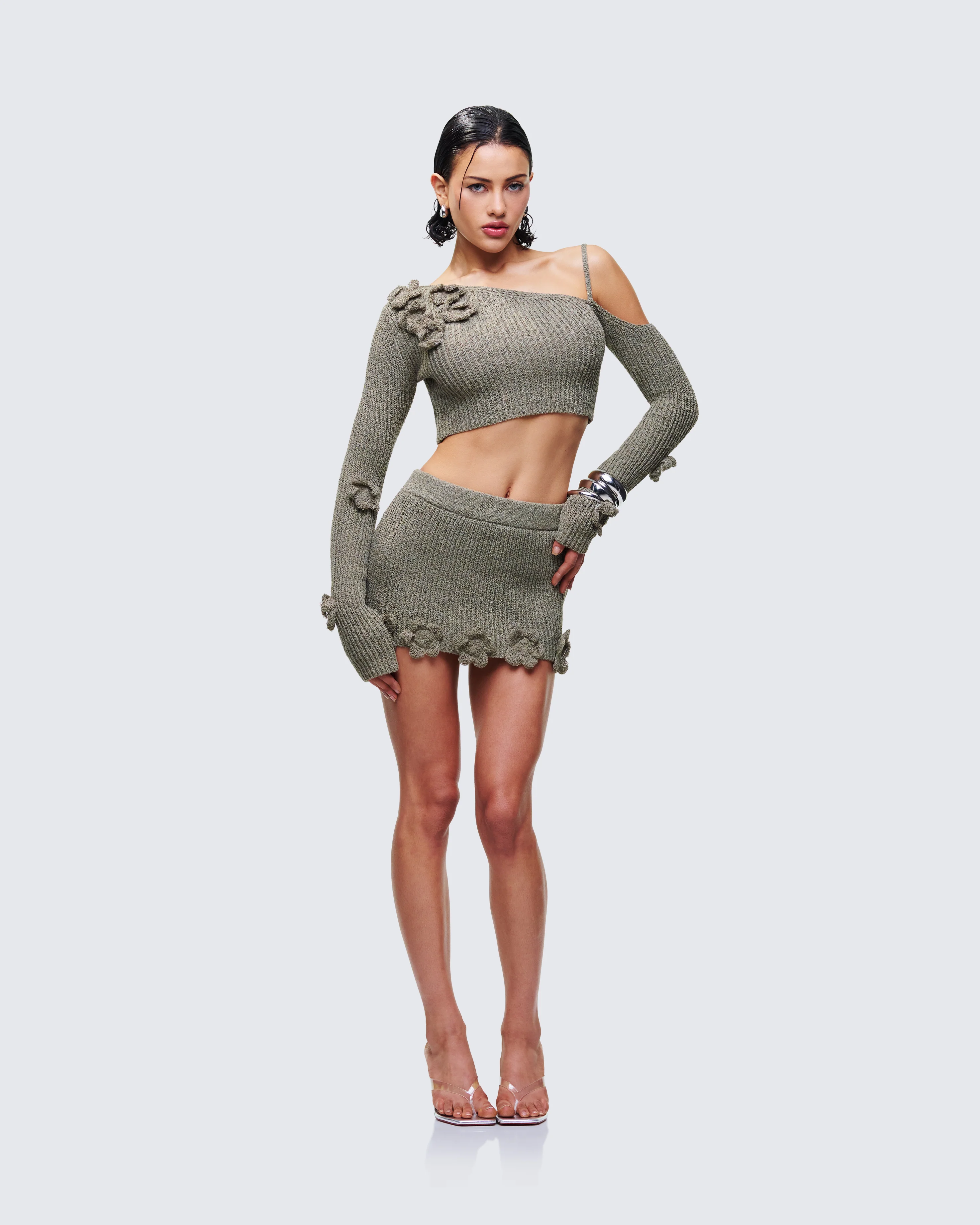 Jordan Green Knit Flower Hem Mini Skirt - Image 5
