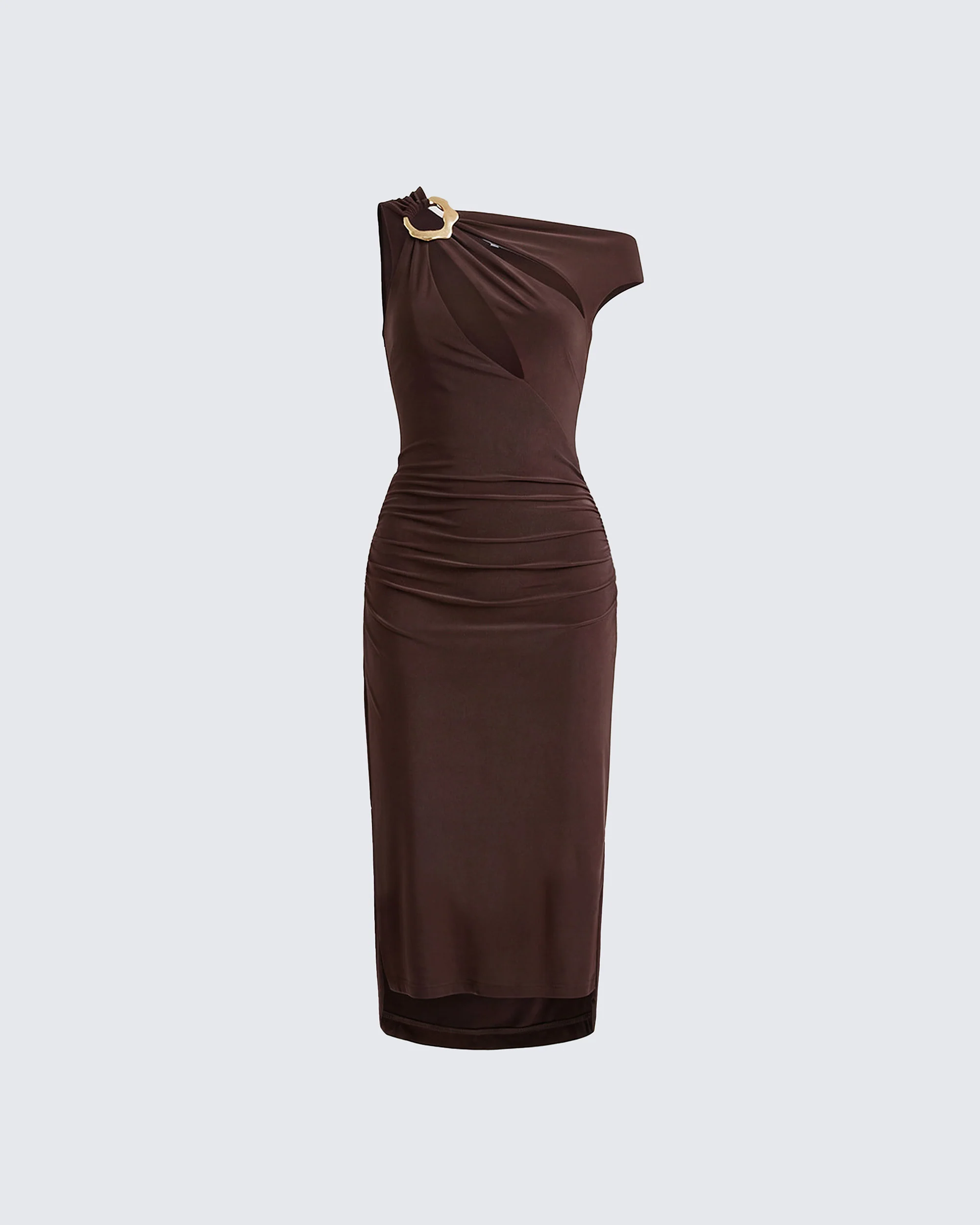 Justyna Brown Slash Neck Assym Dress