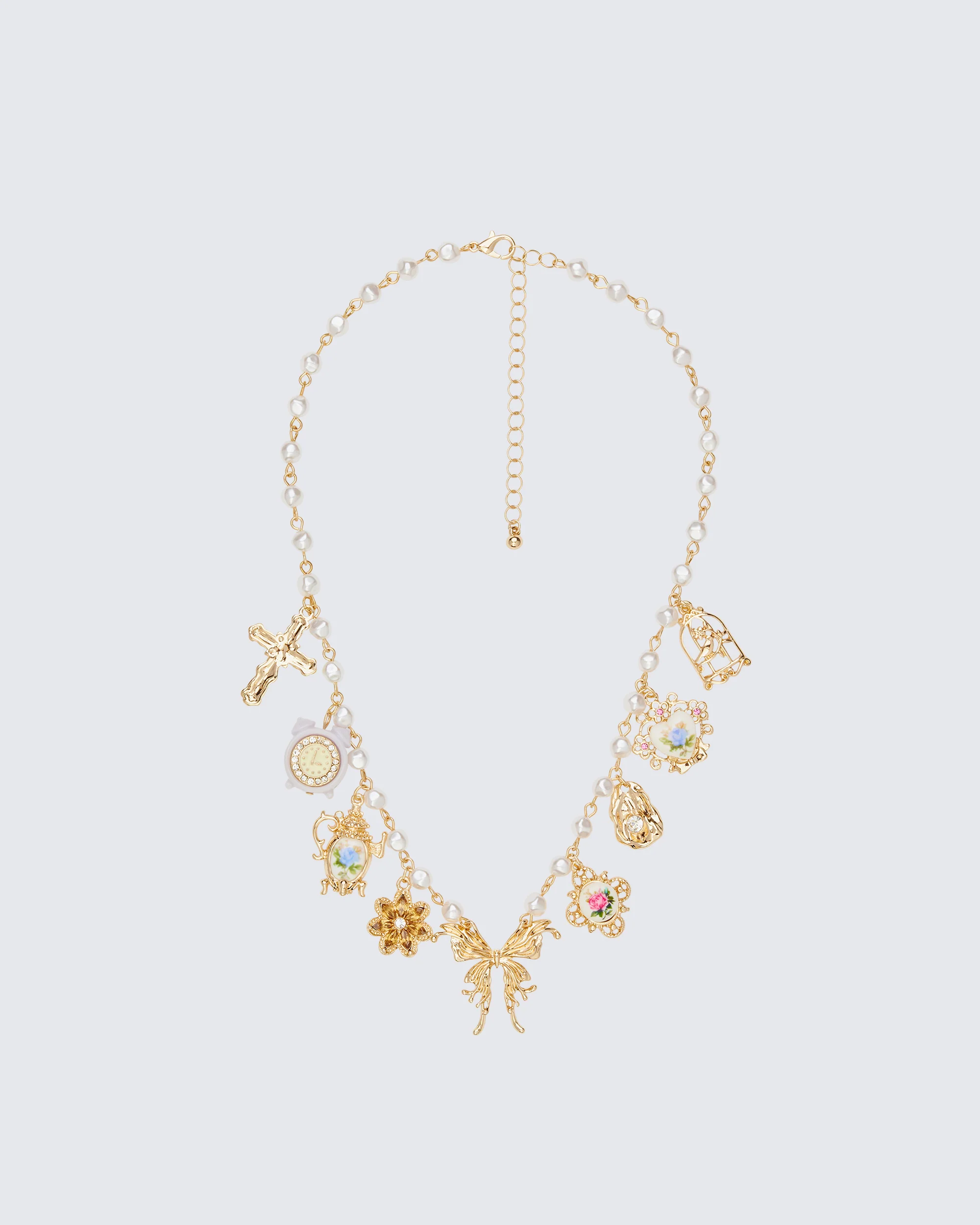 Kathleen Gold Multi Charm Pearl Necklace