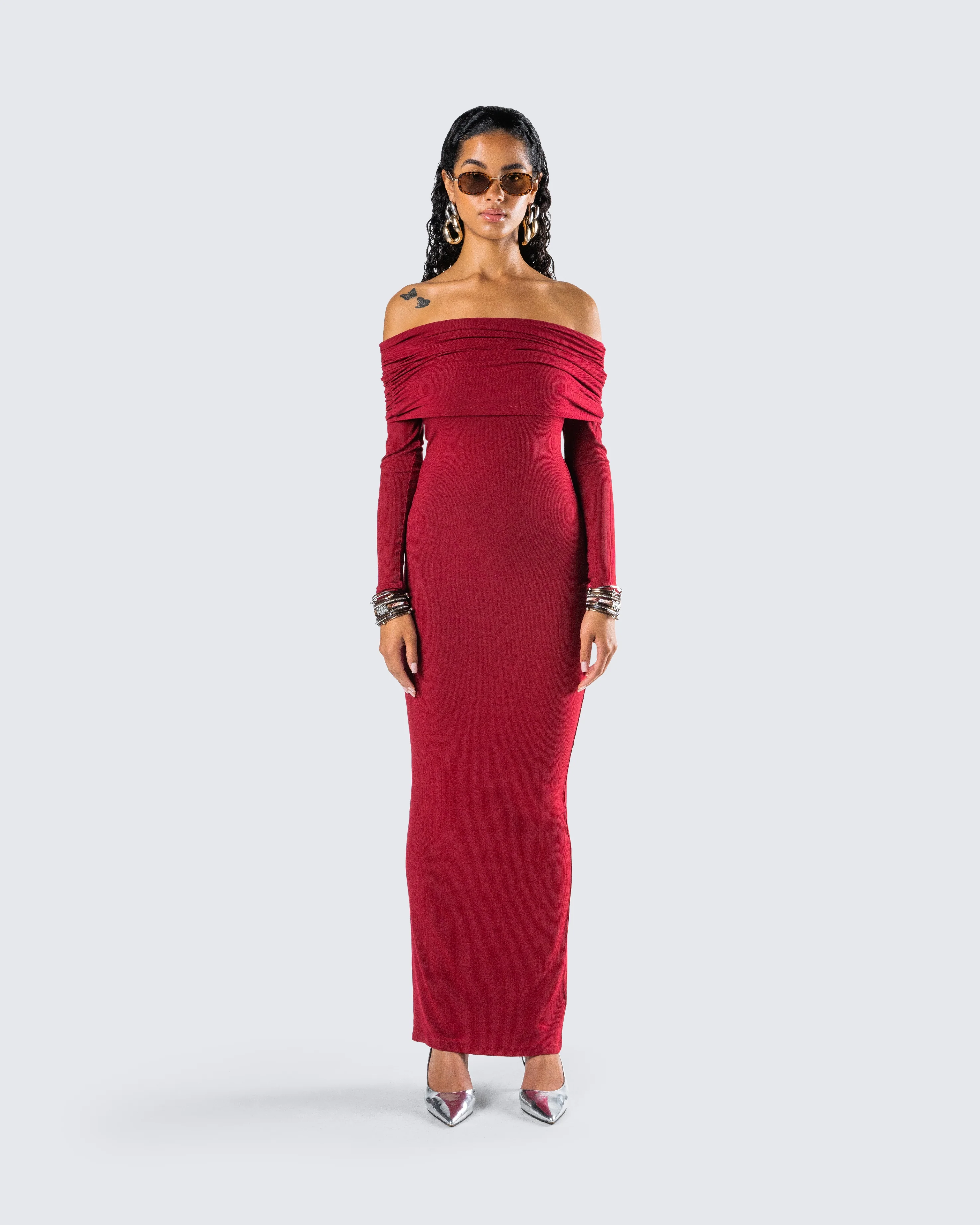 Kyan Burgundy Off Shoulder Maxi Dress - Image 3
