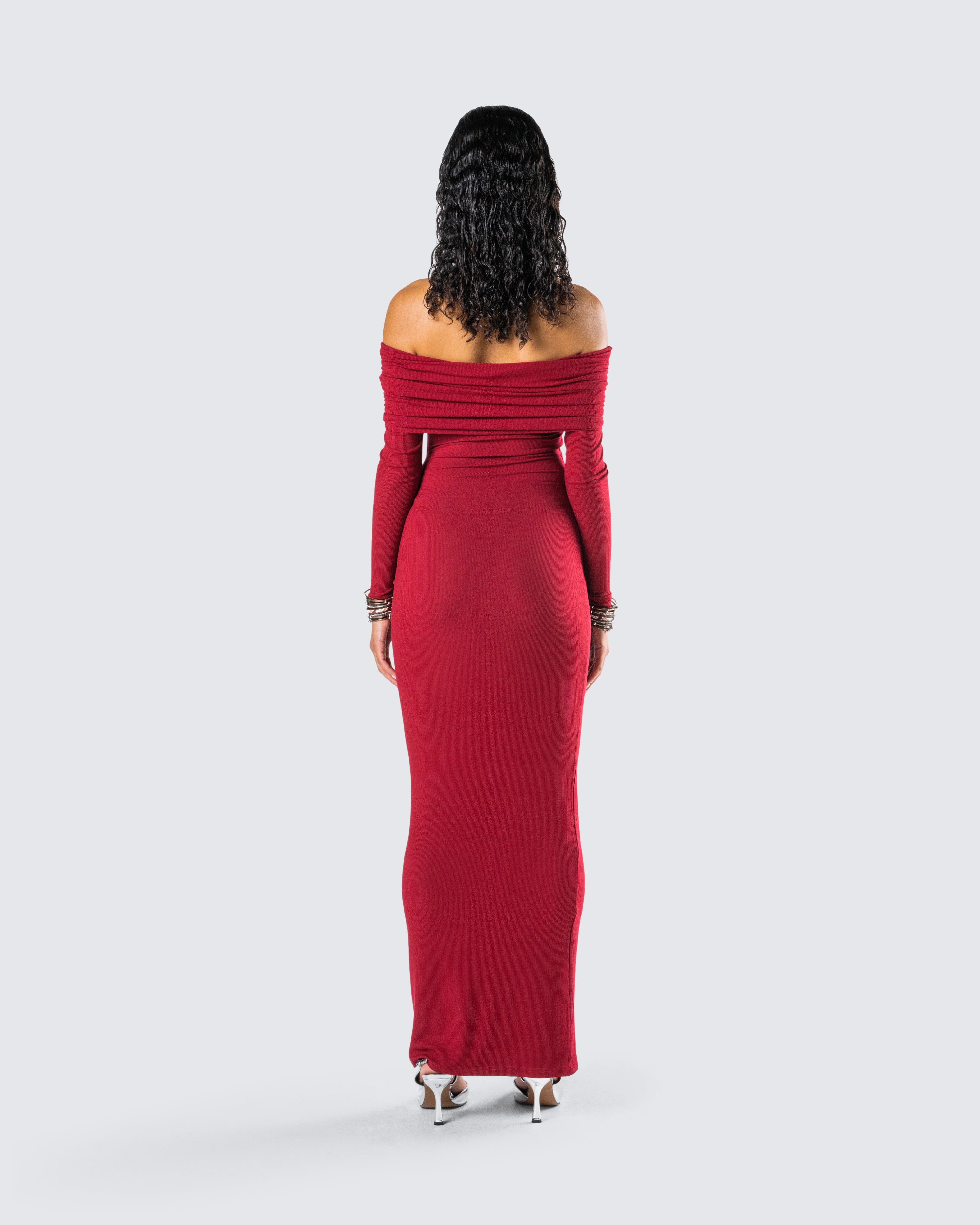 Kyan Burgundy Off Shoulder Maxi Dress - Image 6