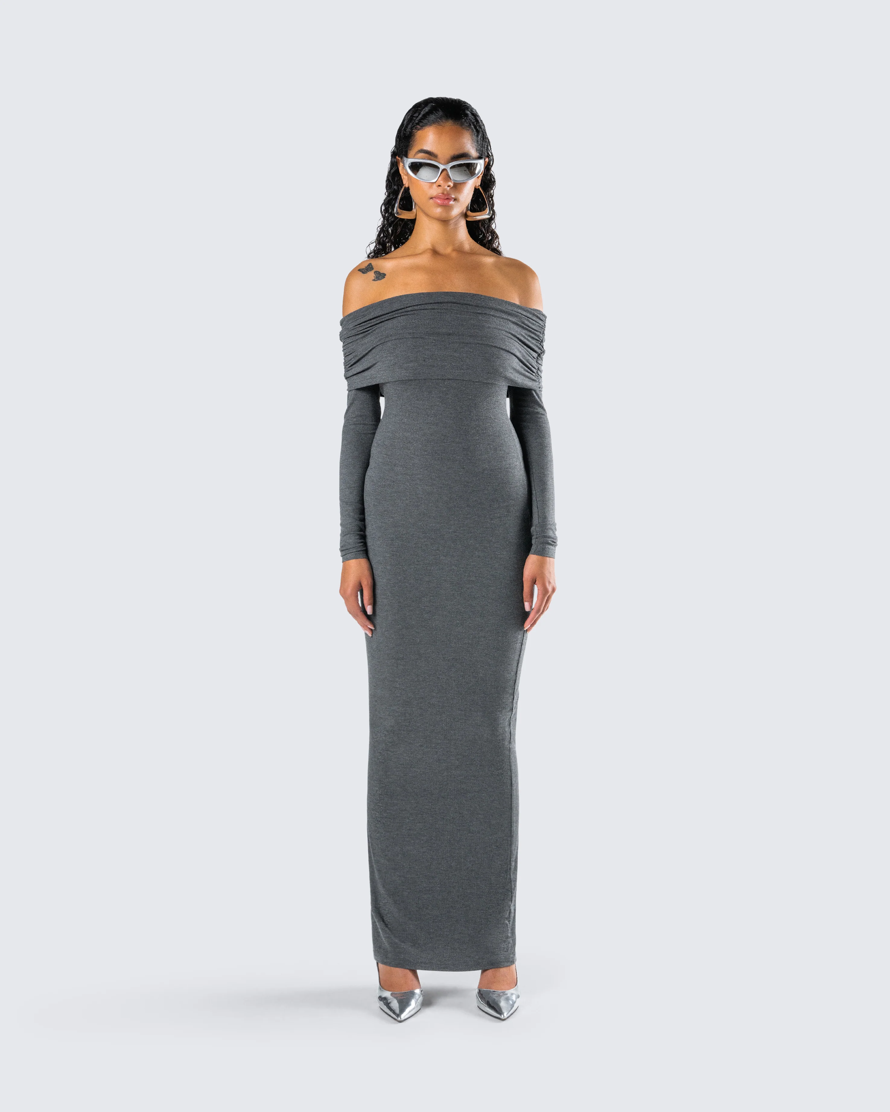 Kyan Charcoal Off Shoulder Maxi Dress - Image 3