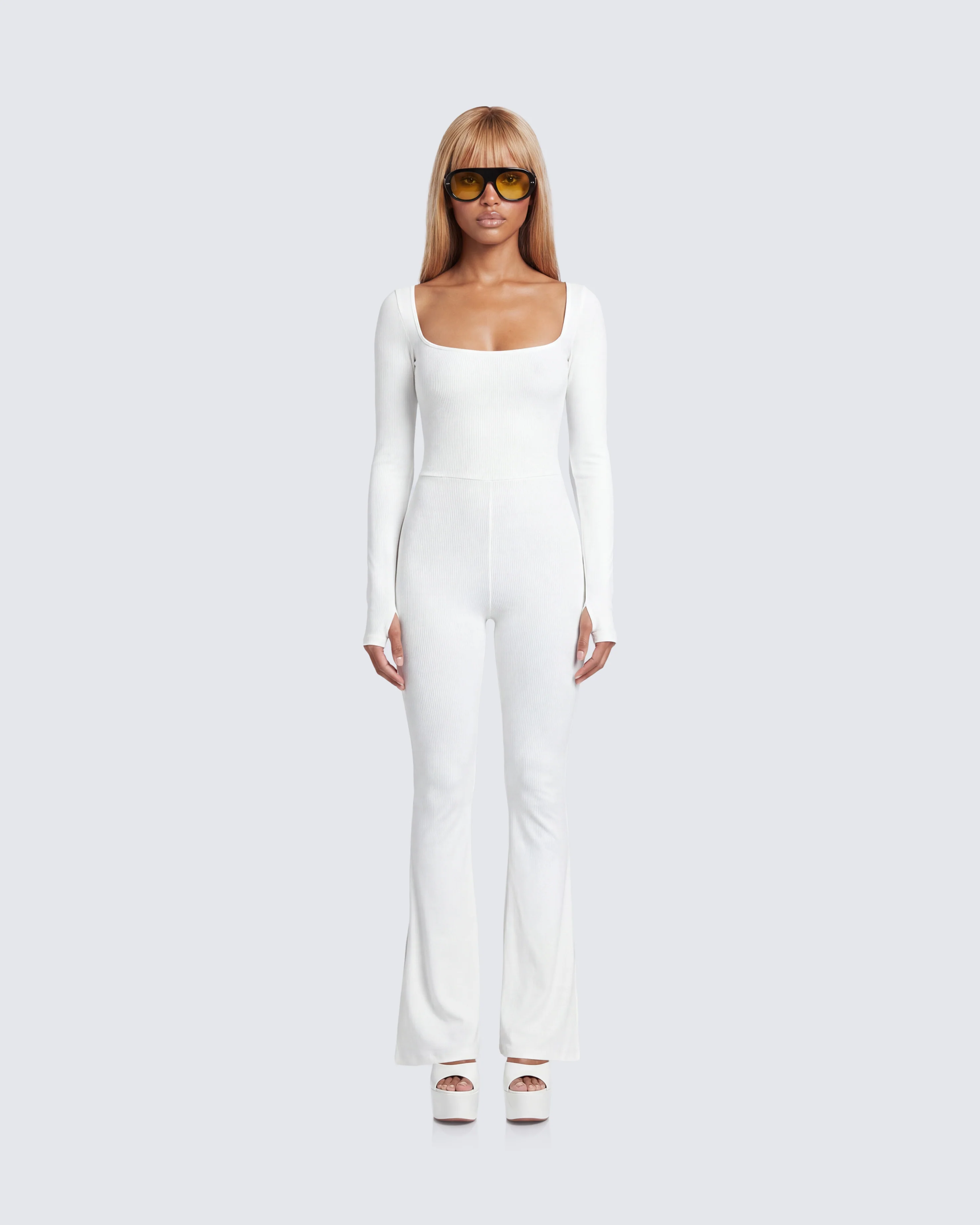 Lirien Ivory Rib Kick Floor Flare Jumpsuit - Image 2