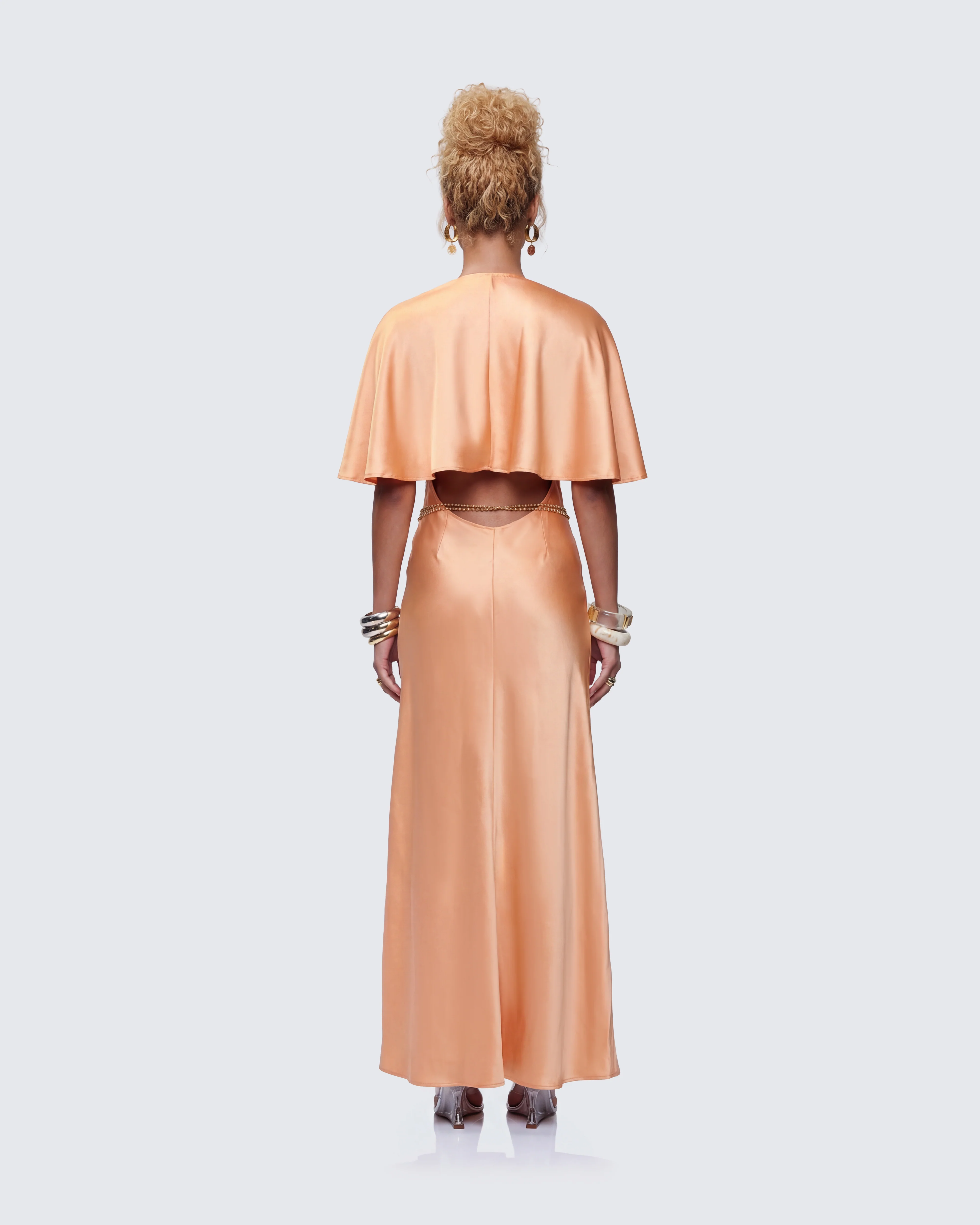 Loretta Orange Satin Cape Sleeve Dress - Image 5