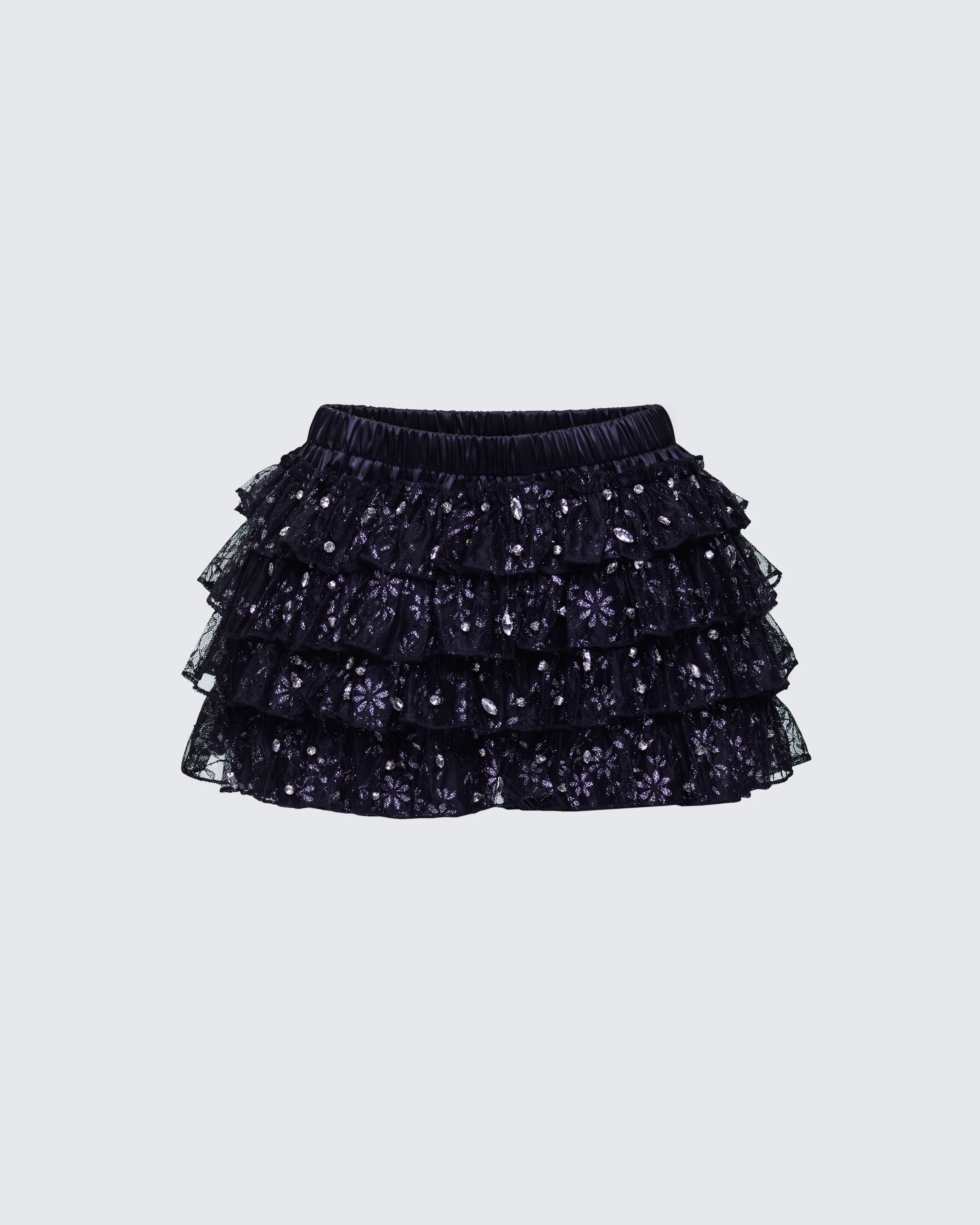 Love Hand Beaded Rhinestone Black Ruffle Short