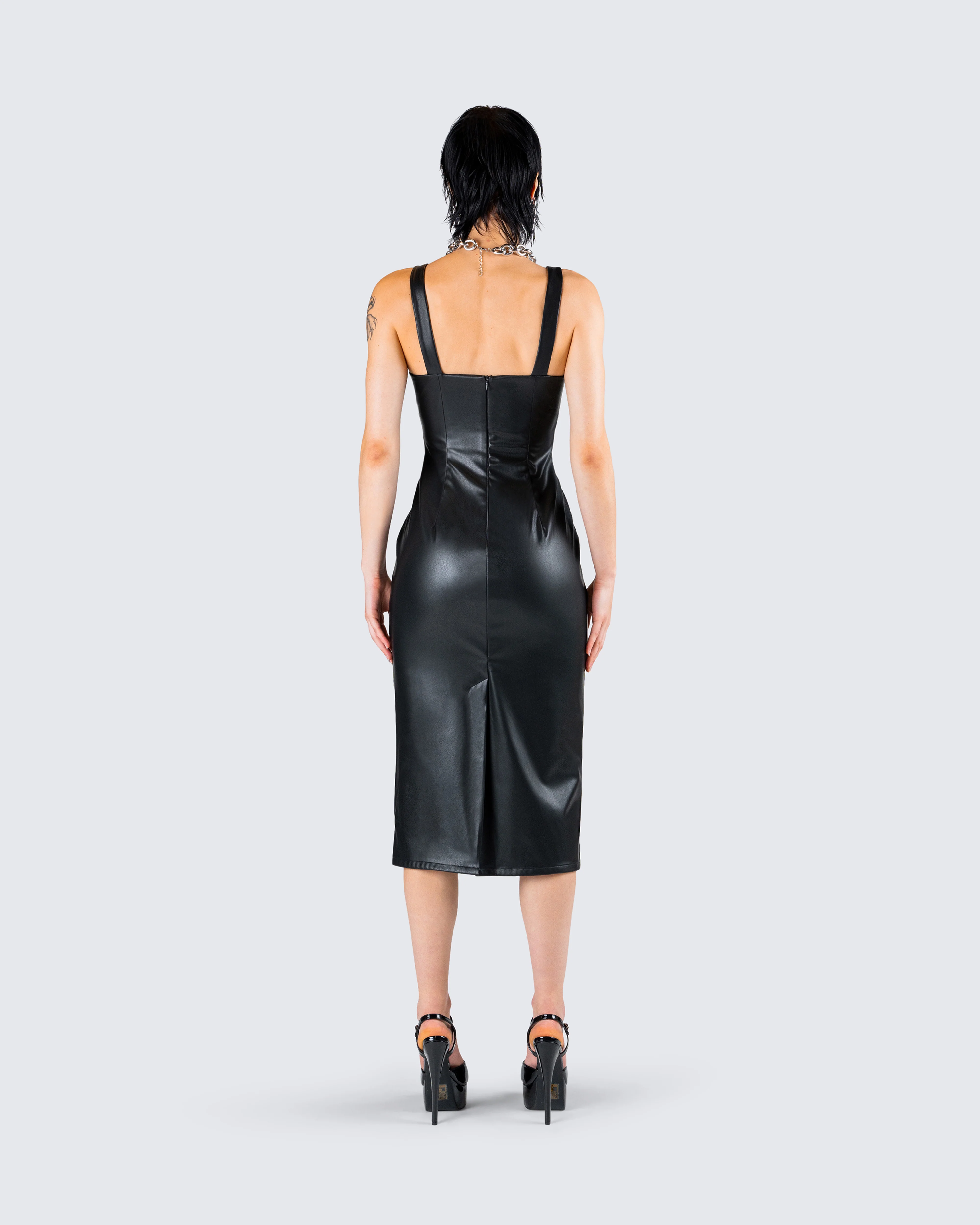 Maia Black Faux Leather Midi Dress - Image 5