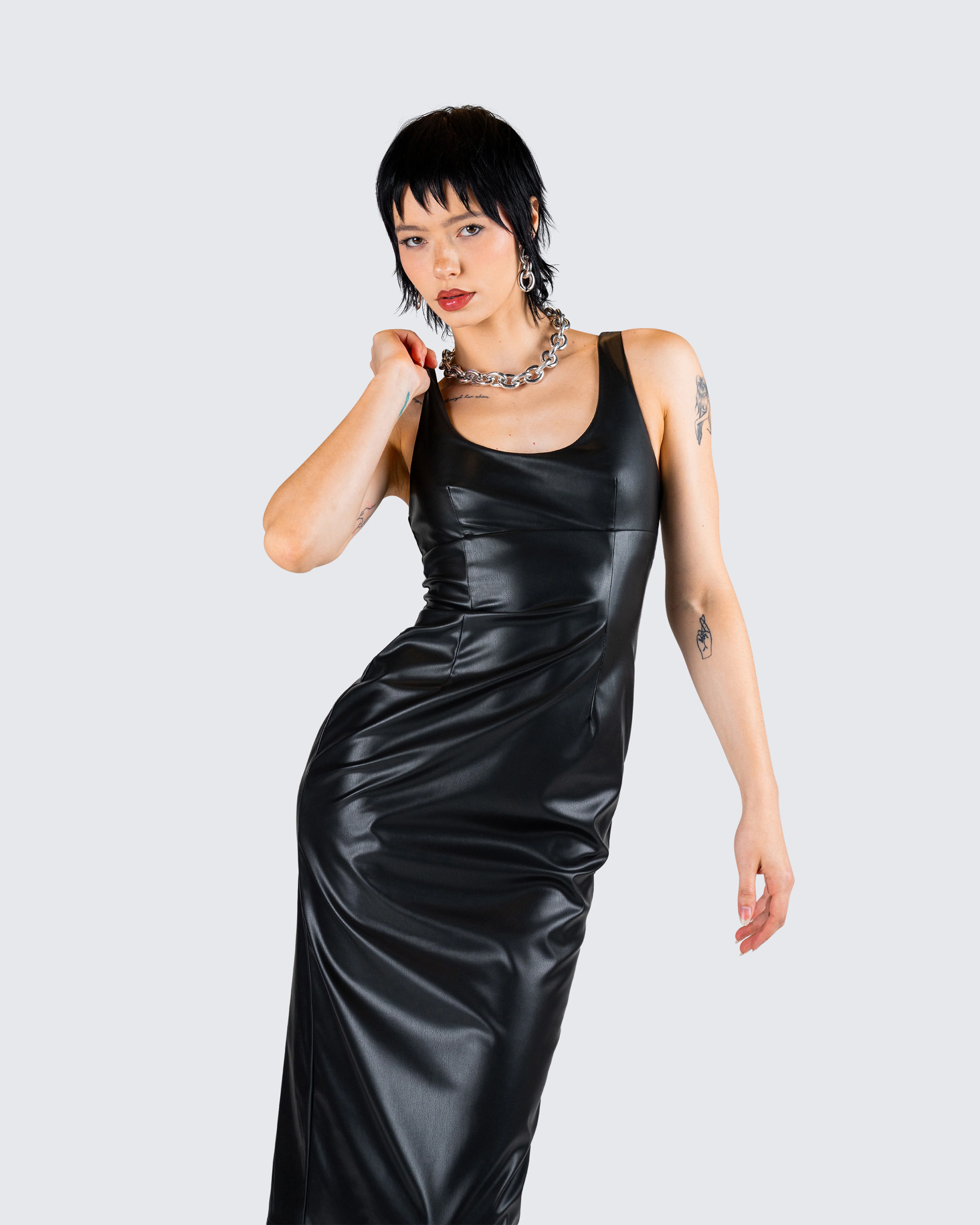 Maia Black Faux Leather Midi Dress - Image 7
