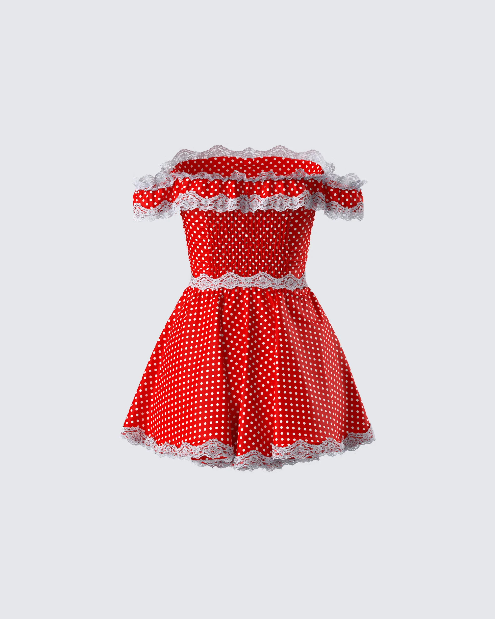 Masami Red Polka Dot Off Shoulder Dress - Image 3