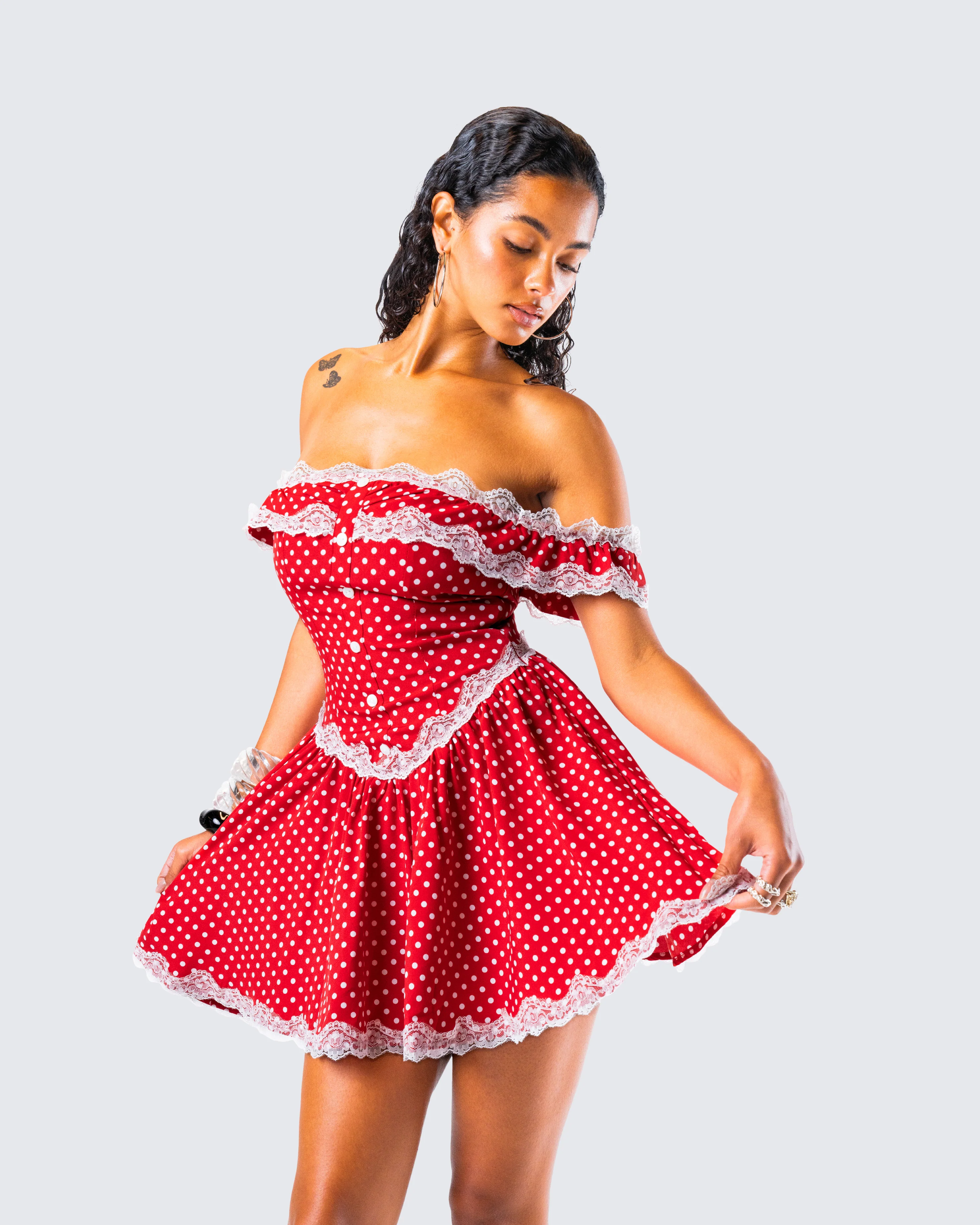 Masami Red Polka Dot Off Shoulder Dress - Image 9