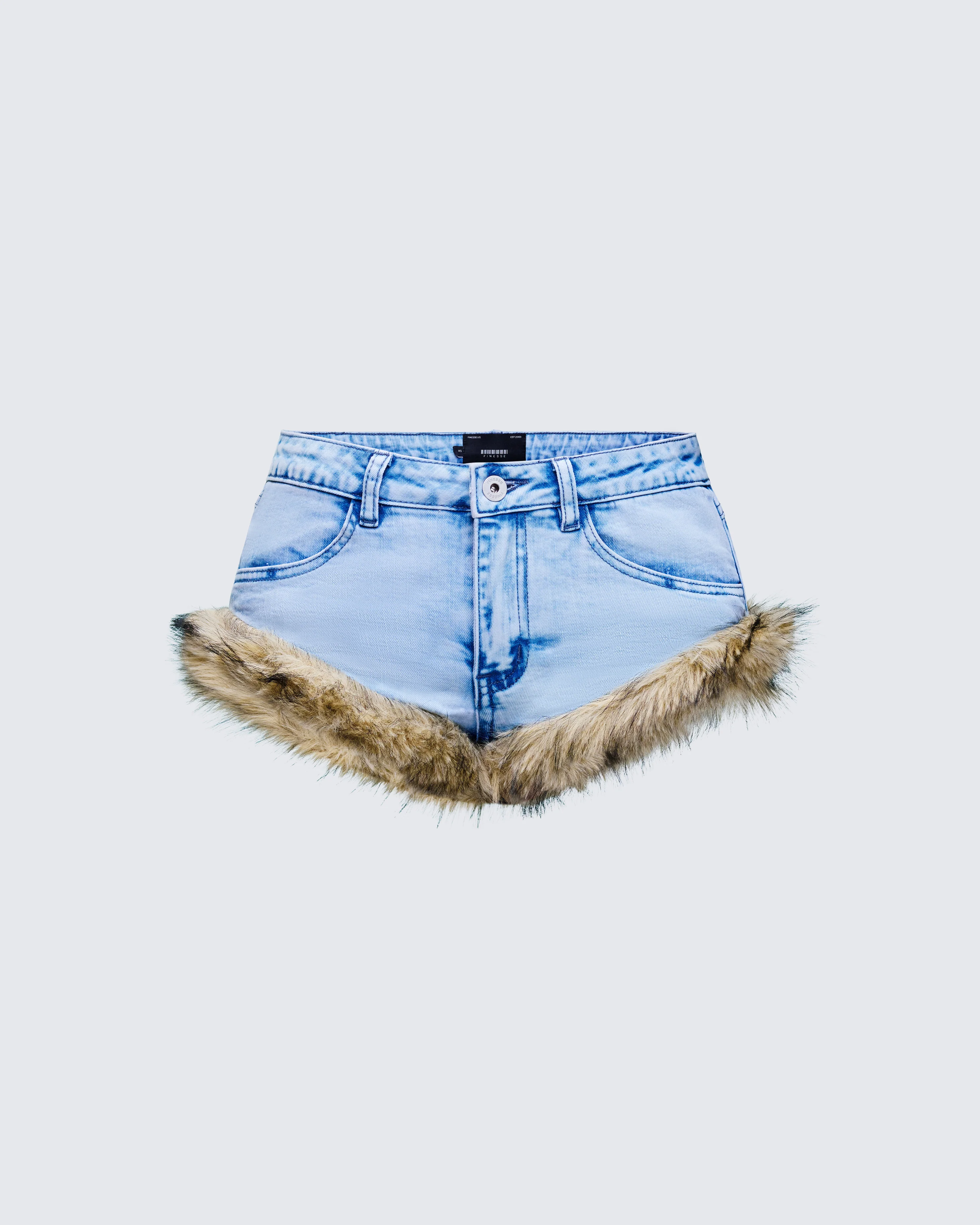 Megari Denim Faux Fur Trim Mini Shorts