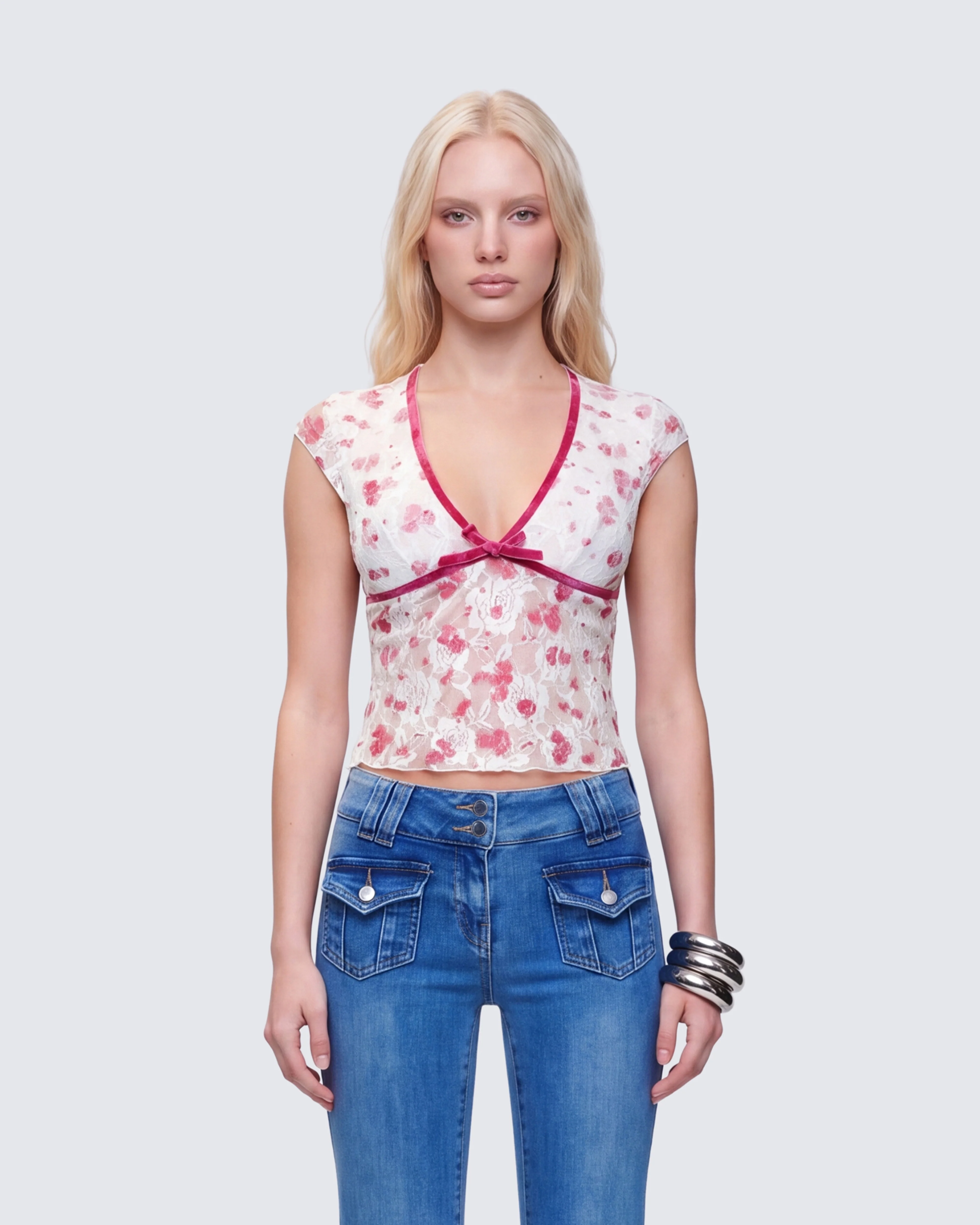 Mel Multi Printed Velvet Trim Stretch Lace Top - Image 3