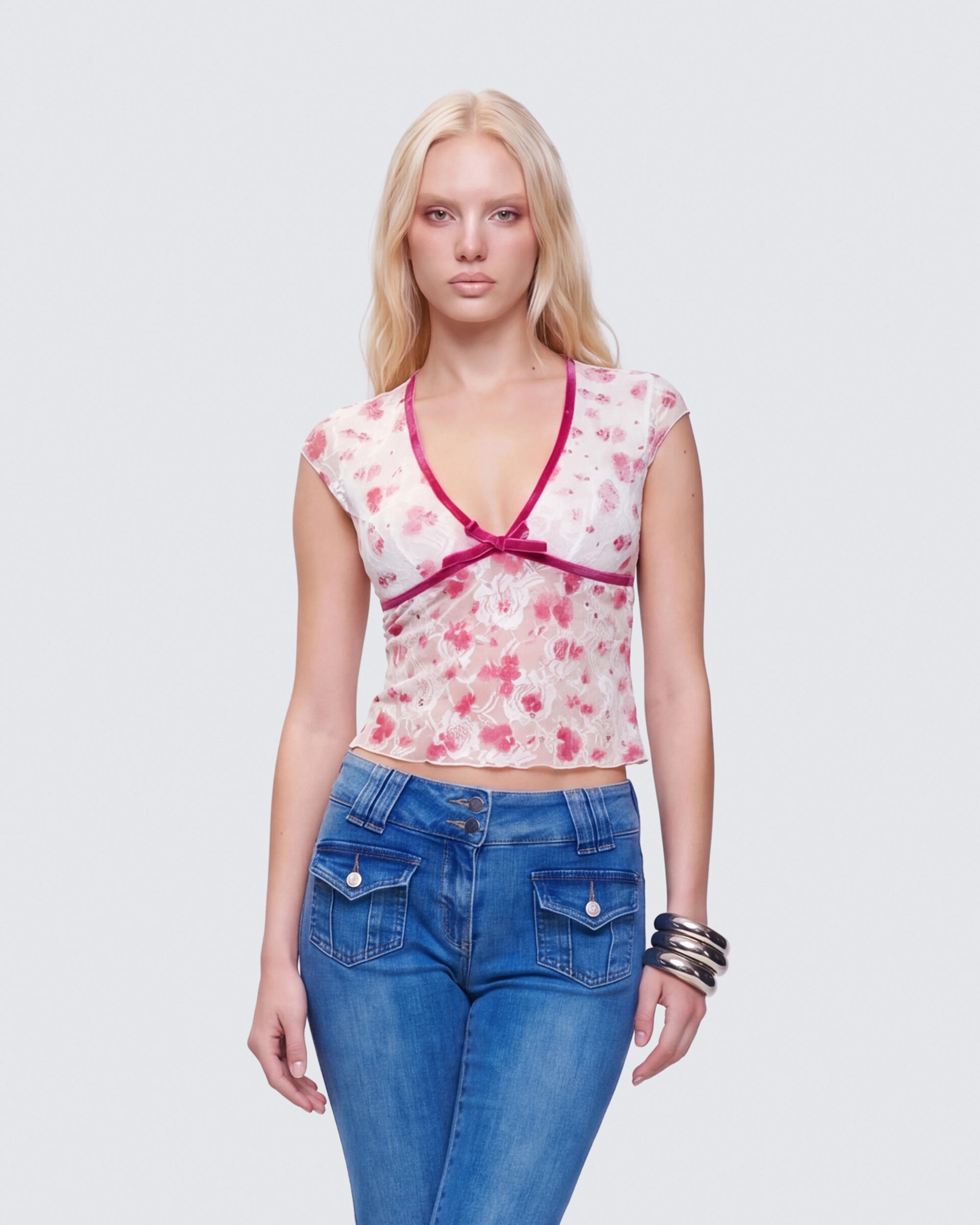 Mel Multi Printed Velvet Trim Stretch Lace Top - Image 4