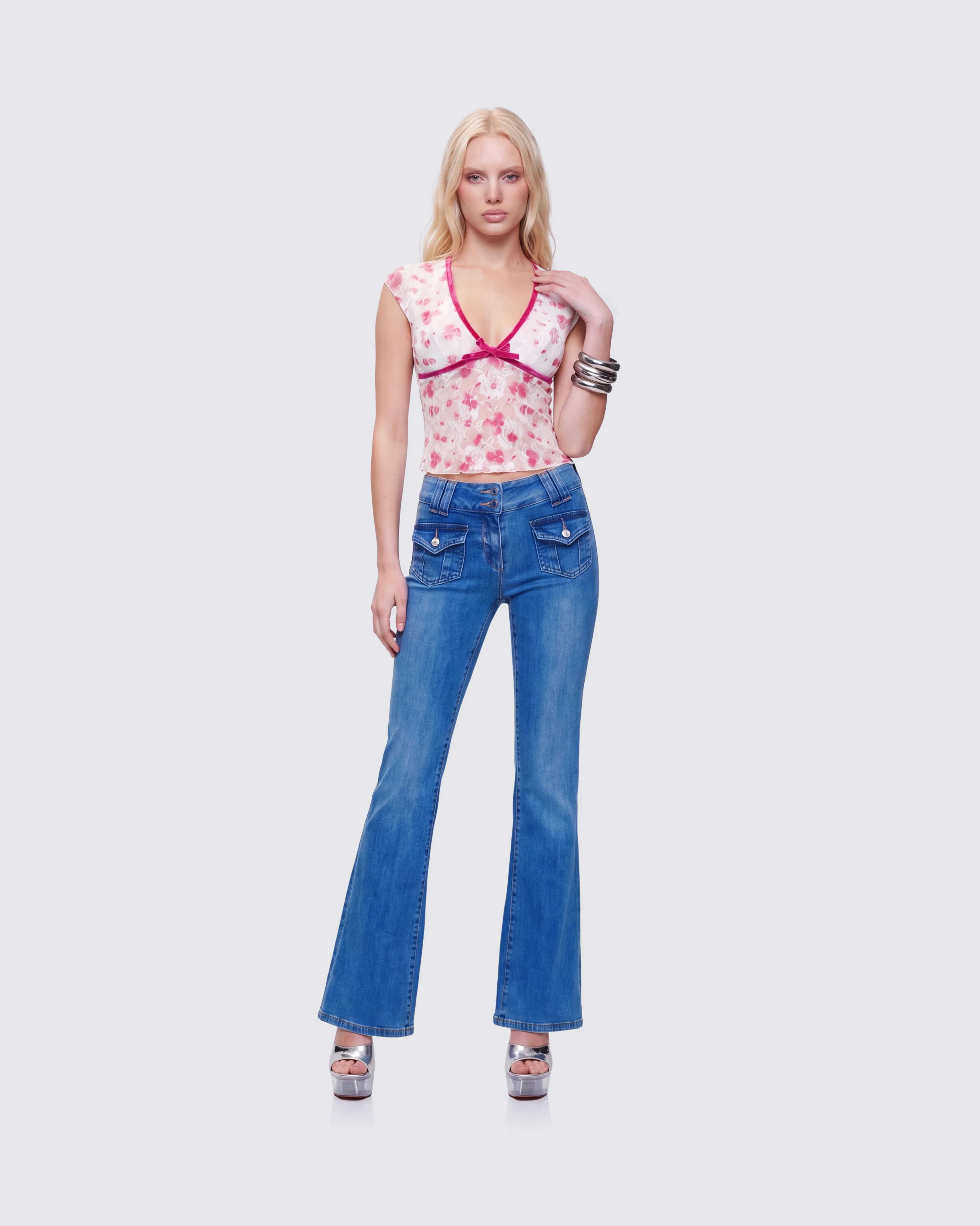Mel Multi Printed Velvet Trim Stretch Lace Top - Image 6