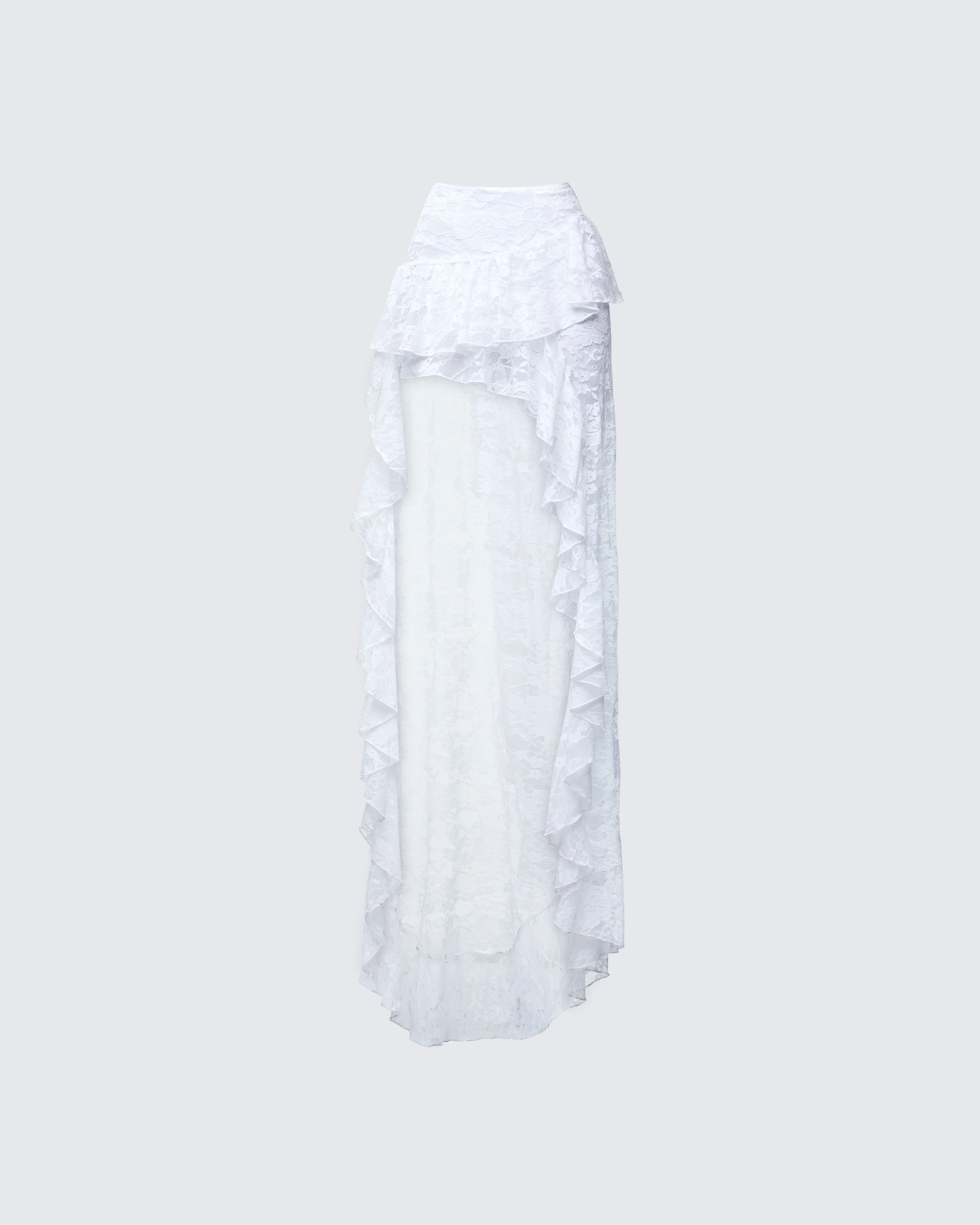 Rina White Lace Asymmetrical Hem Ruffle Skirt