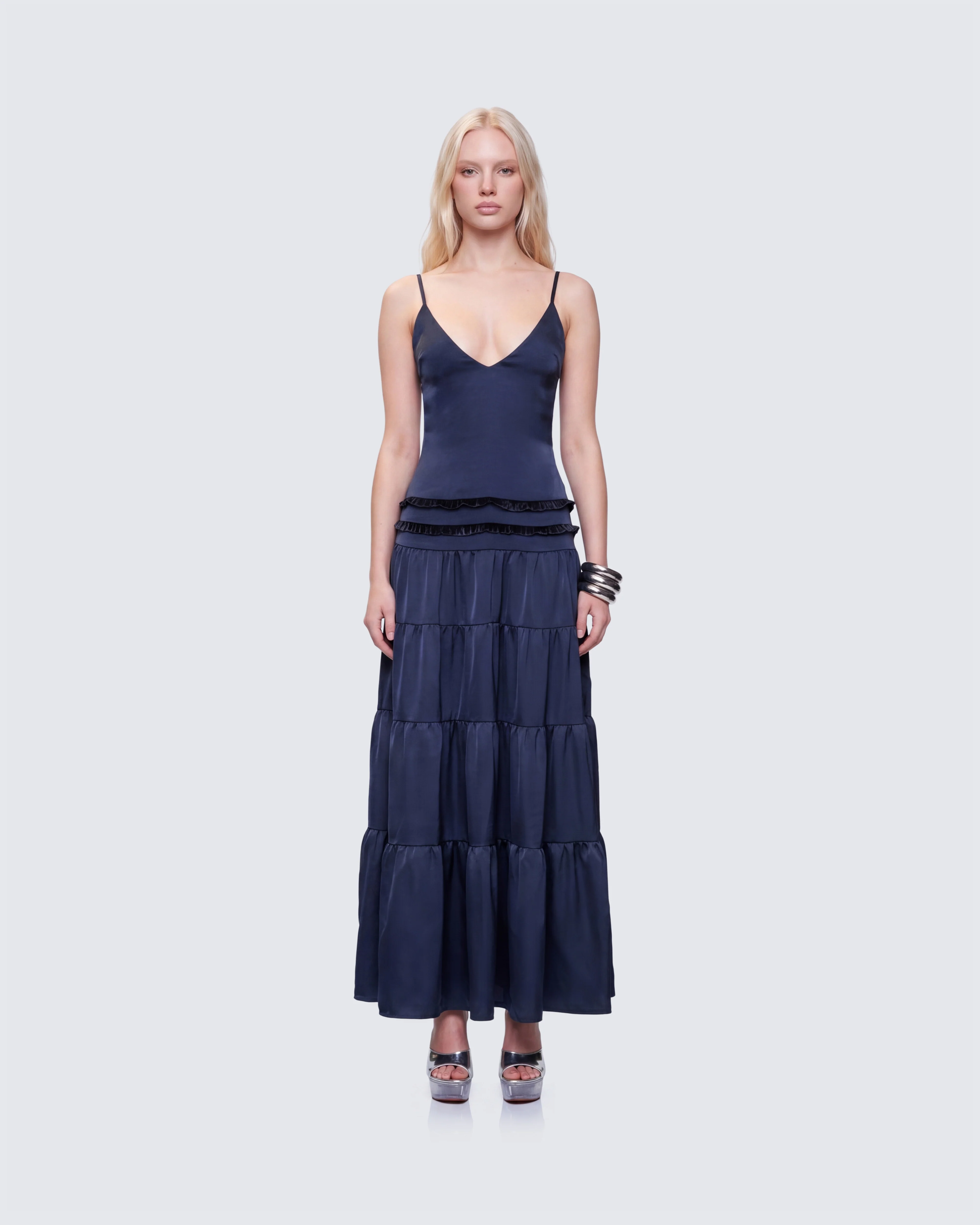 Savanna Navy Backless Satin Maxi Dress - Image 2