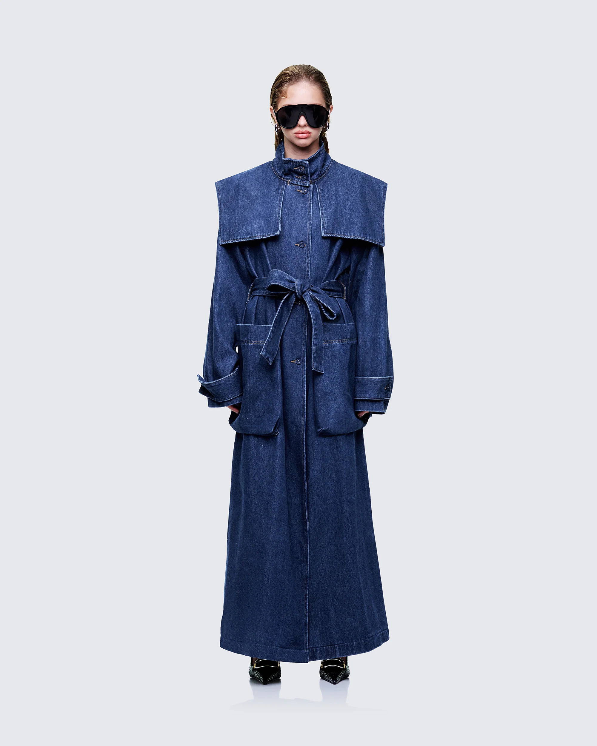 Siaz Blue Belted Maxi Denim Mac