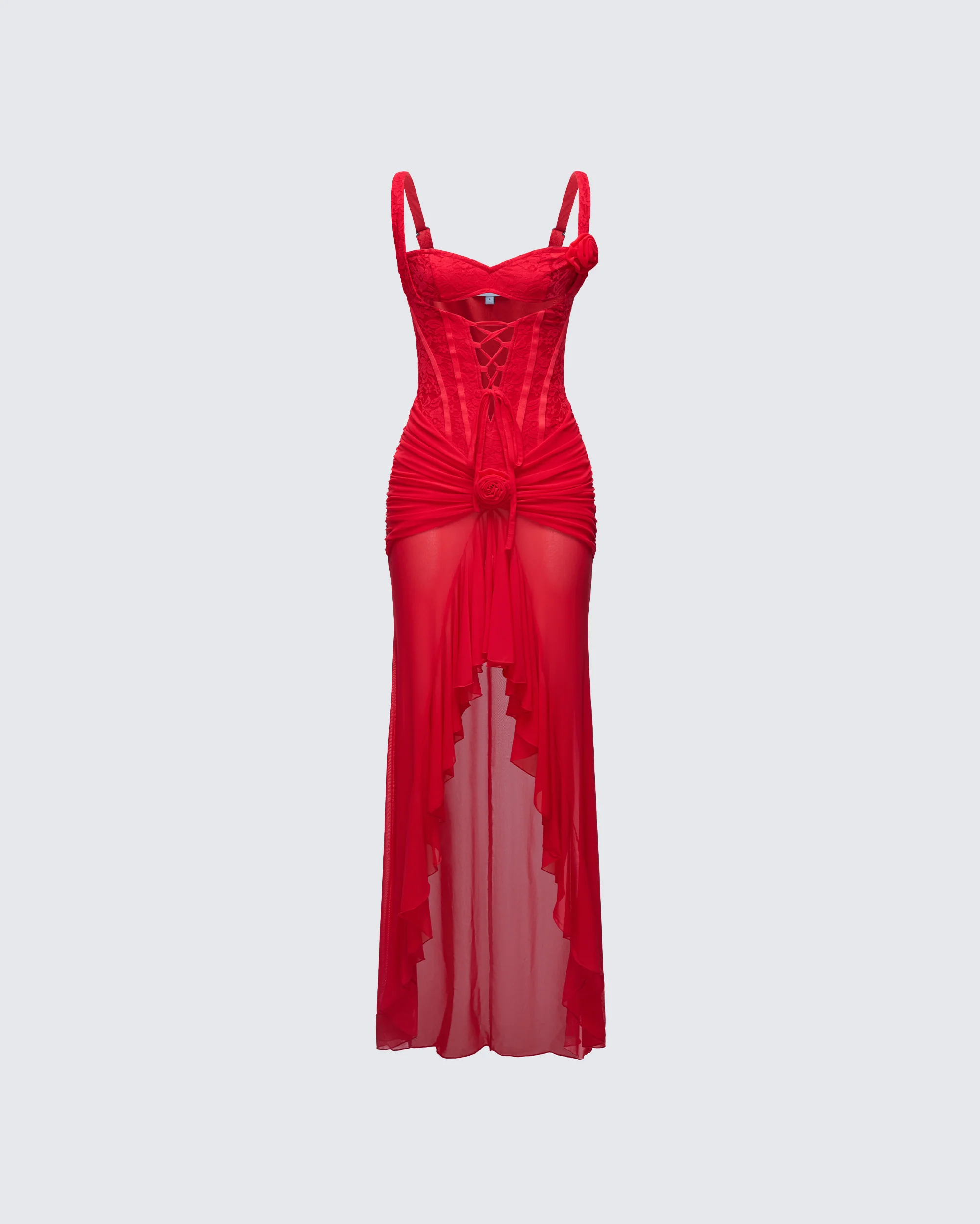 Solana Red Lace and Mesh Maxi Dress