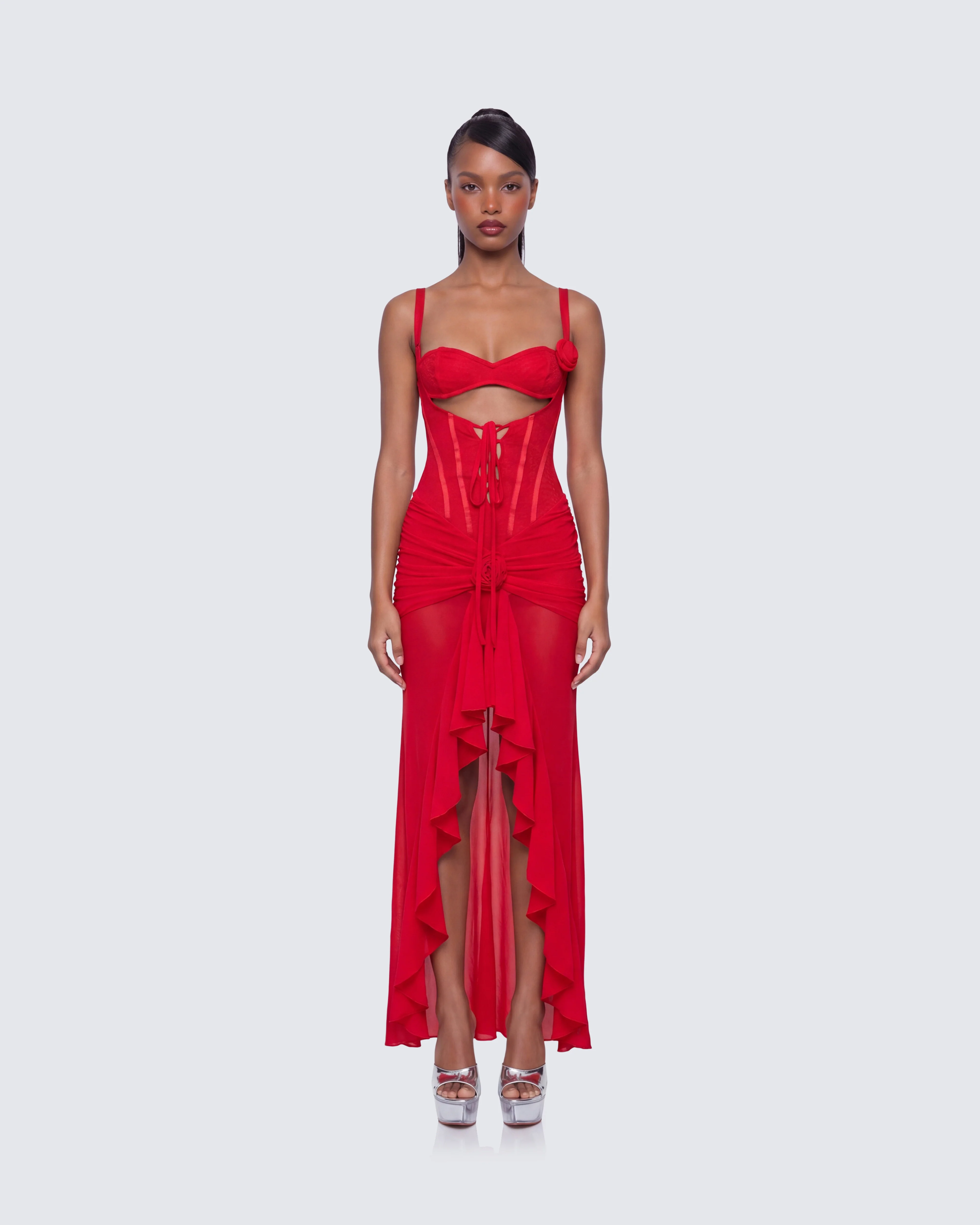 Solana Red Lace and Mesh Maxi Dress - Image 2