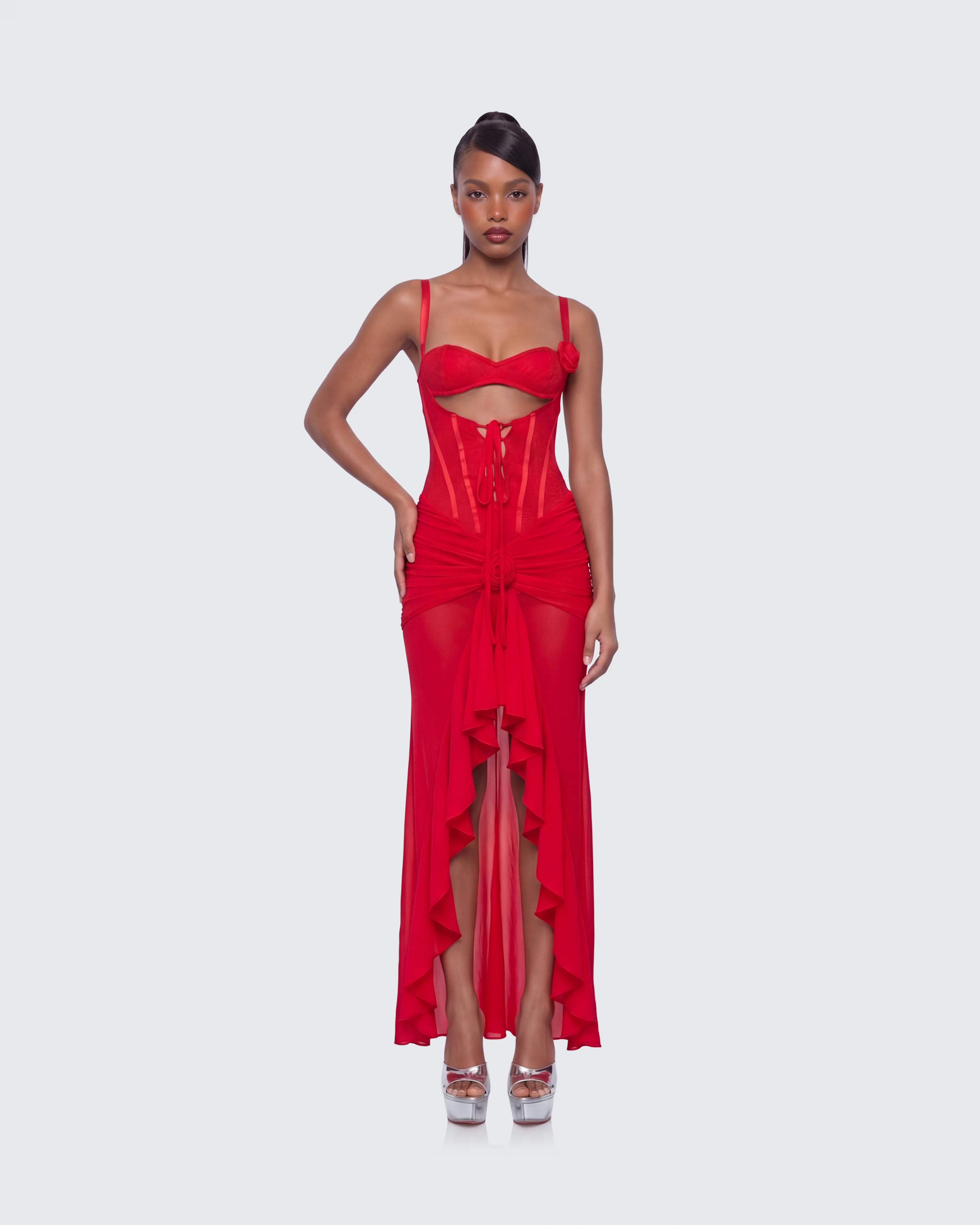 Solana Red Lace and Mesh Maxi Dress - Image 3
