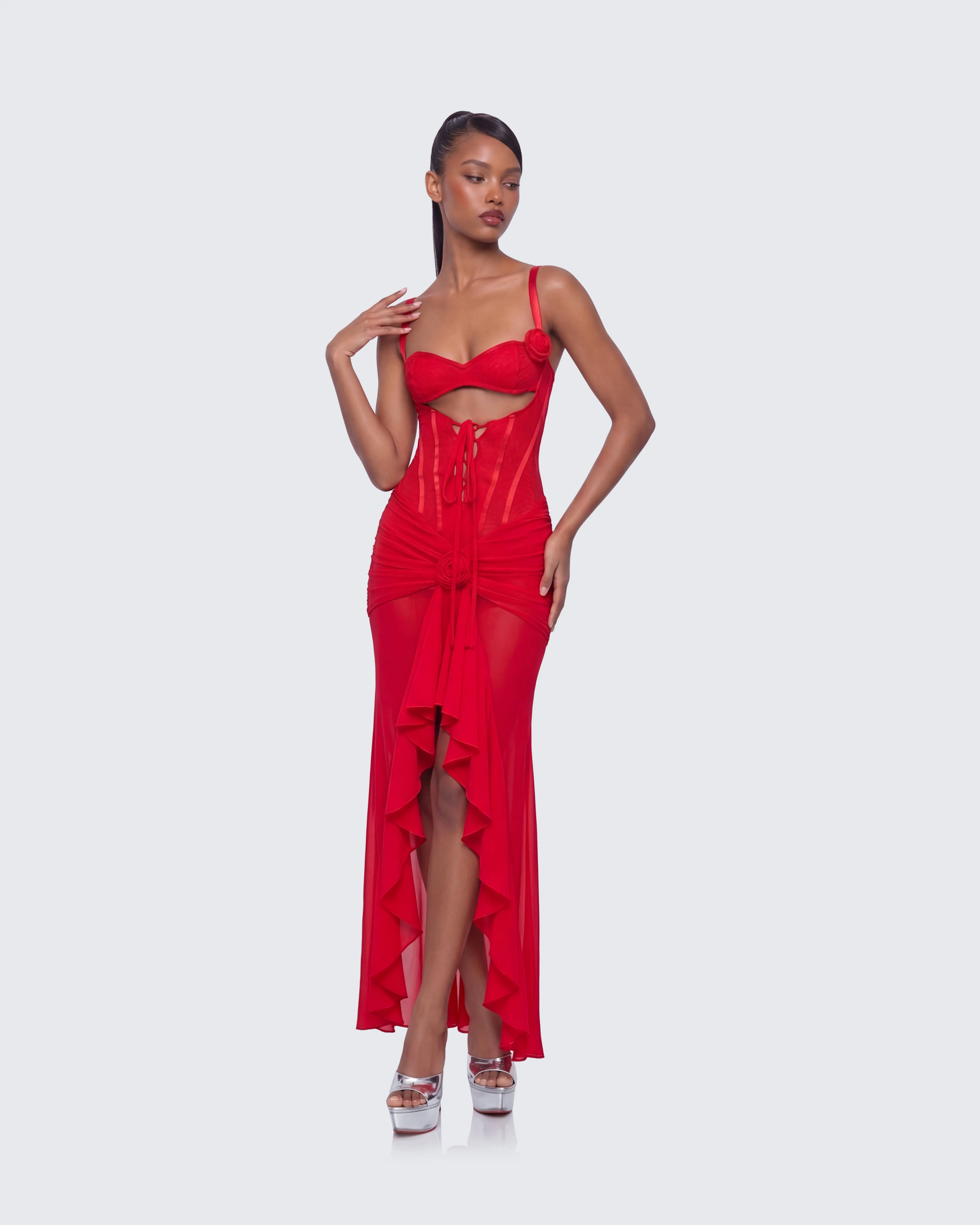 Solana Red Lace and Mesh Maxi Dress - Image 4