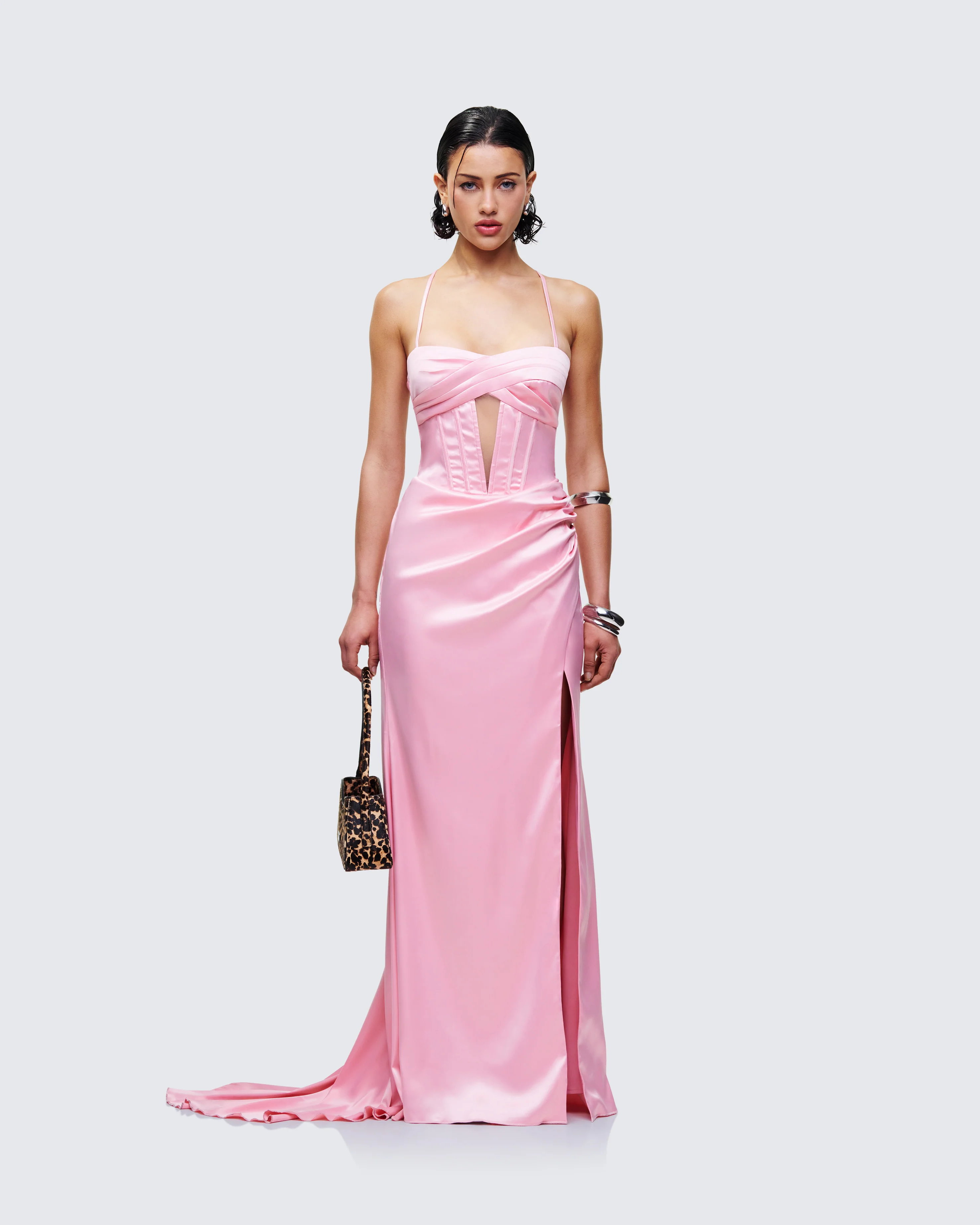 Trixa Pink Satin Cut Out Maxi Dress - Image 3