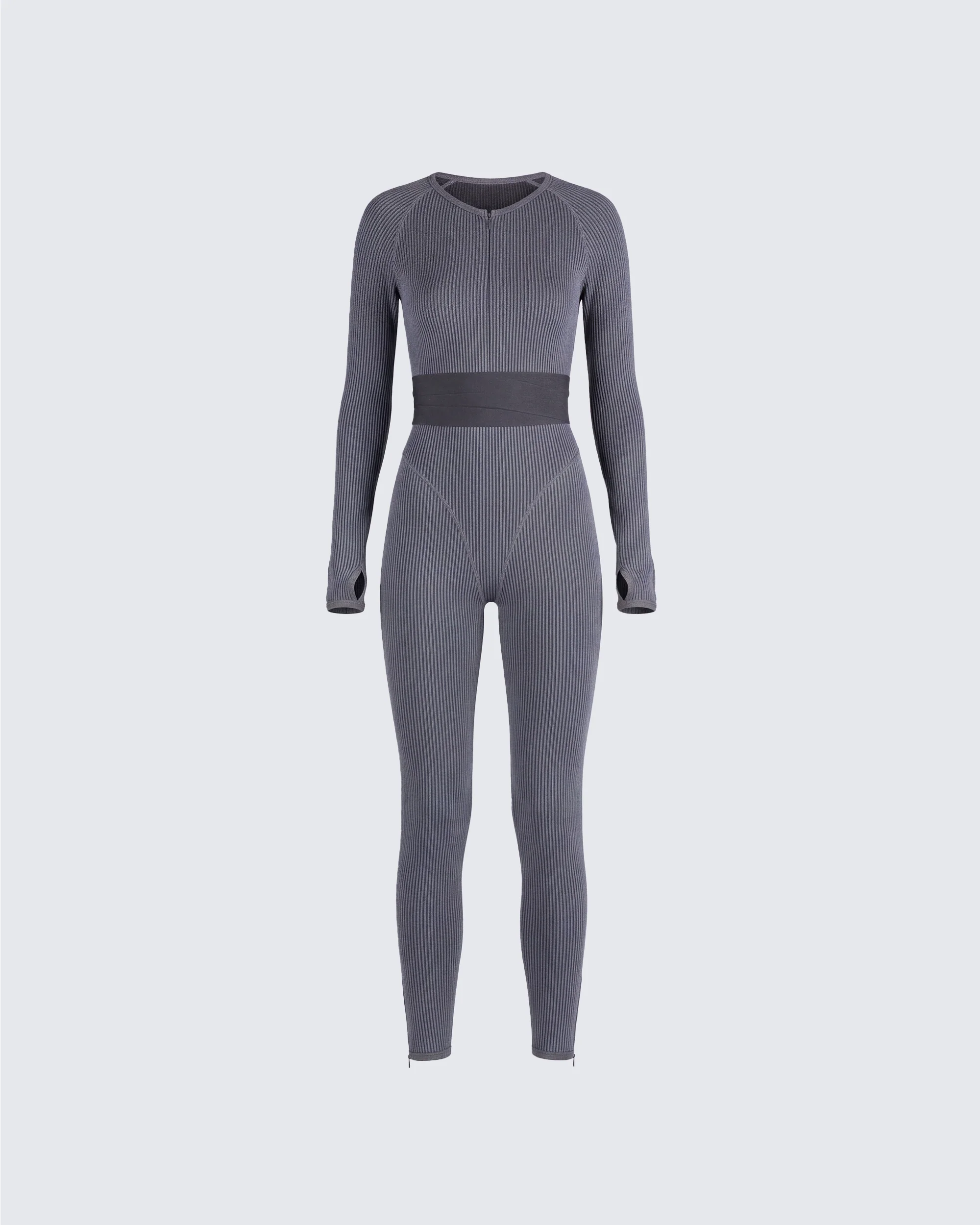 Vilma Grey Rib Zip Jumpsuit