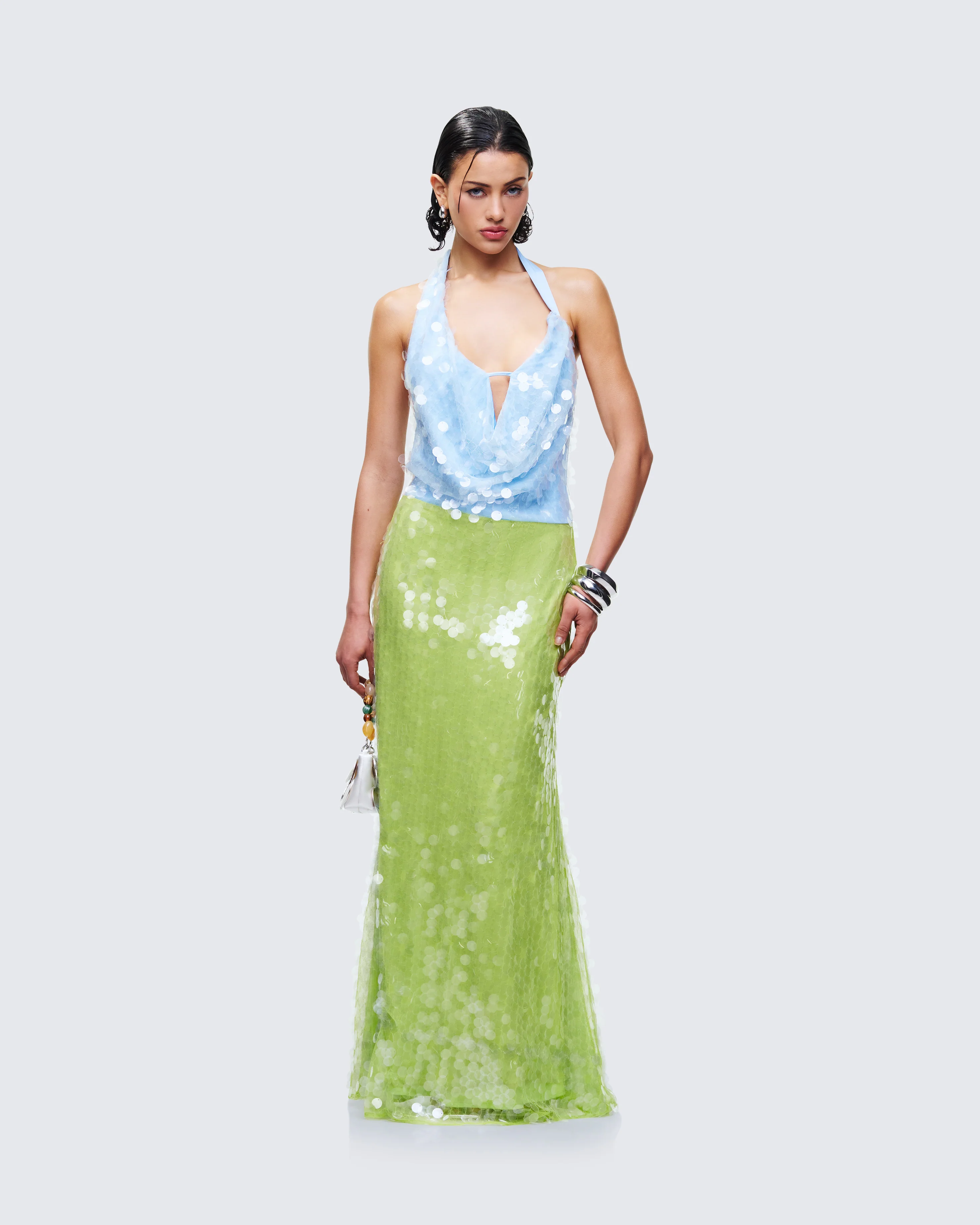 Zelda Blue Sequin Cowl Neck Maxi Dress - Image 3
